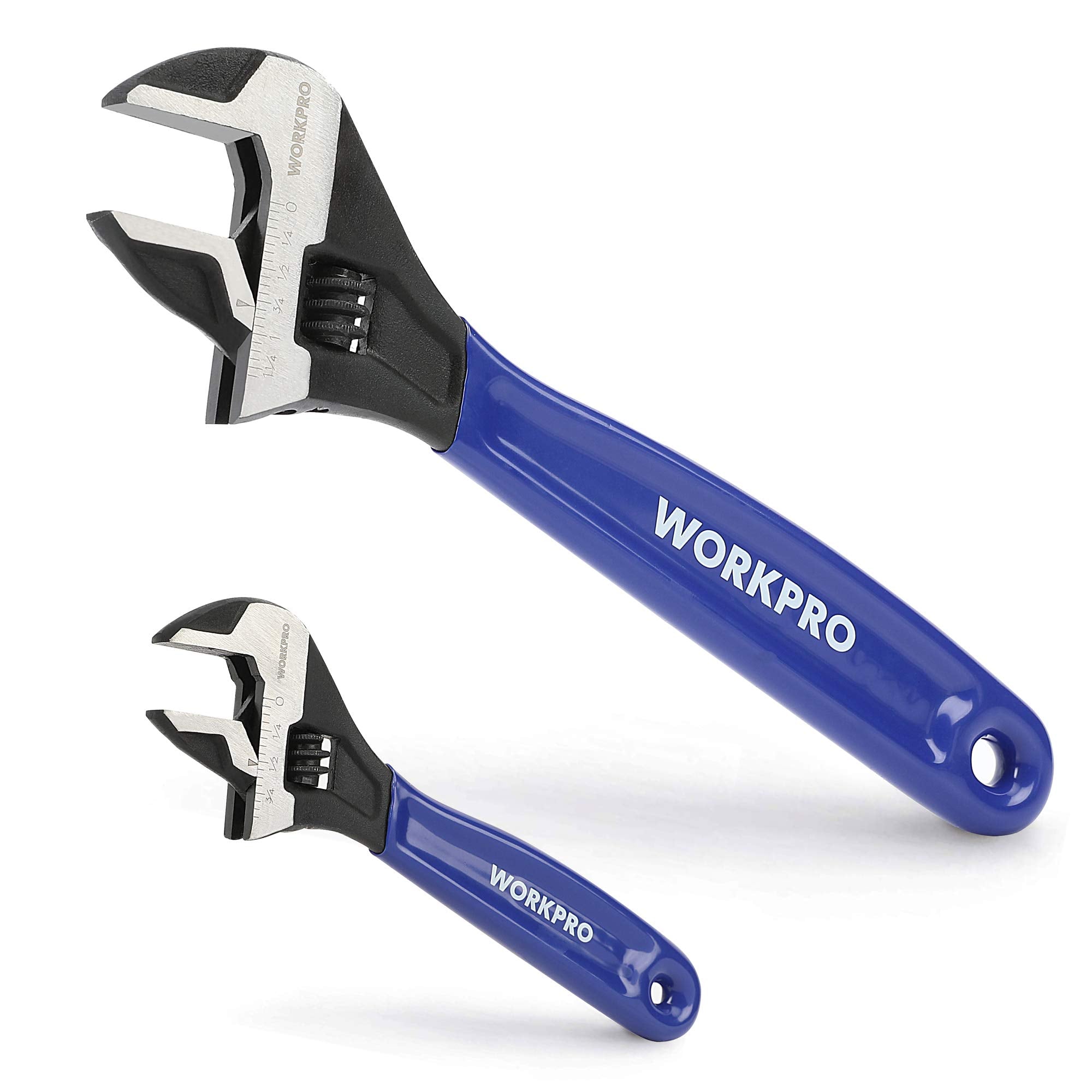 WORKPRO 2-teiliges verstellbares Schraubenschlüssel-Set, 6-Zoll & 10-Zoll Weitmaulschlüssel aus Schwarzoxid, Cr-V Stahl, metrische & SAE Skalen, maximale Maulöffnung 15/16" & 1-5/16", für Reparaturen im Haushalt, Sanitär, Werkstatt
