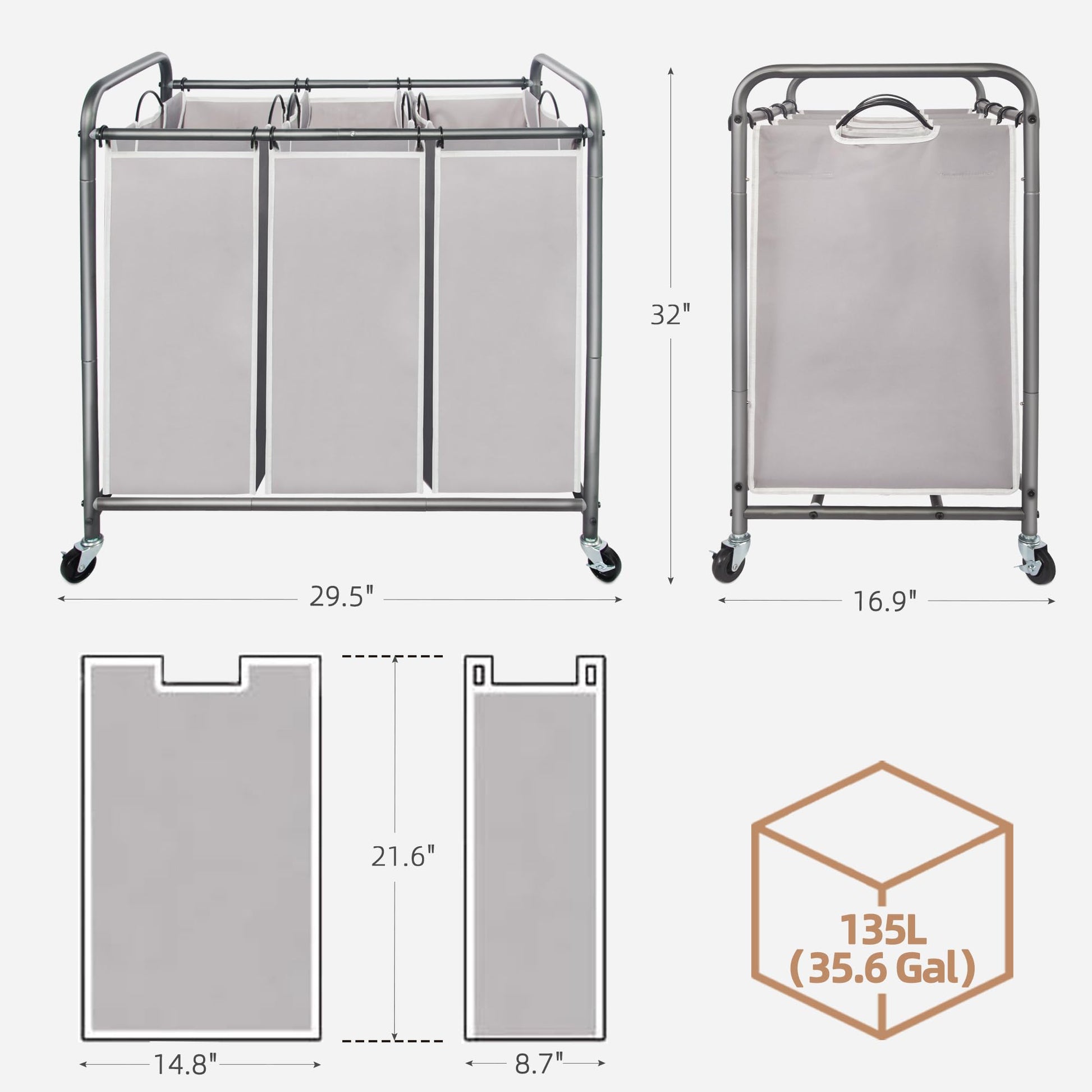 STORAGE MANIAC 3 Section Laundry Sorter, 35.9 Gal (136 L) Laundry Hamper Cart with Heavy Duty Rolling Lockable Wheels and Removable Bags, Clothes Organizer Basket Clothes Separator Hamper, Gray