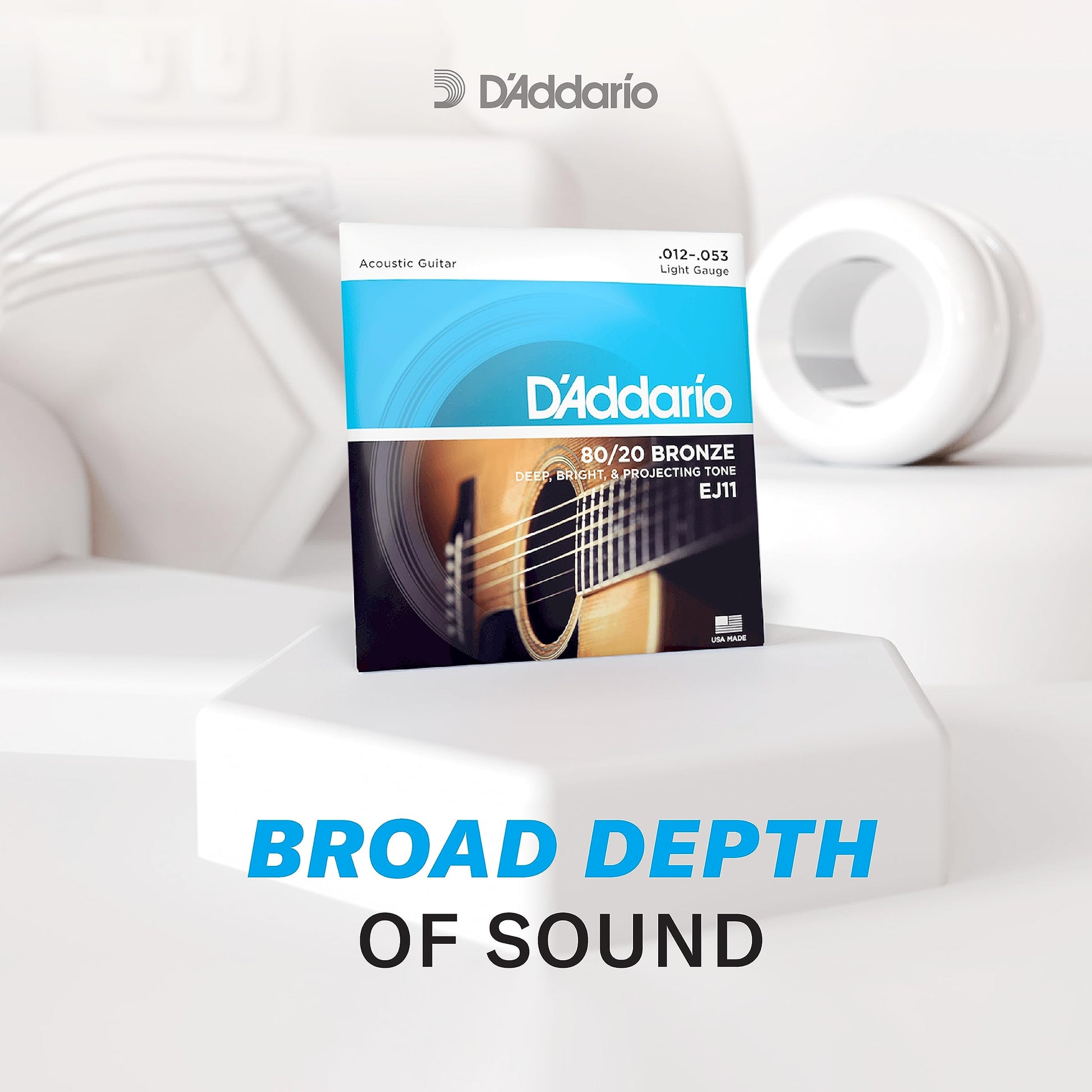 D'Addario Acoustic Guitar Strings, 80/20 Bronze, EJ11, Light Gauge 12-53, 6-String Set, Pack of 1
