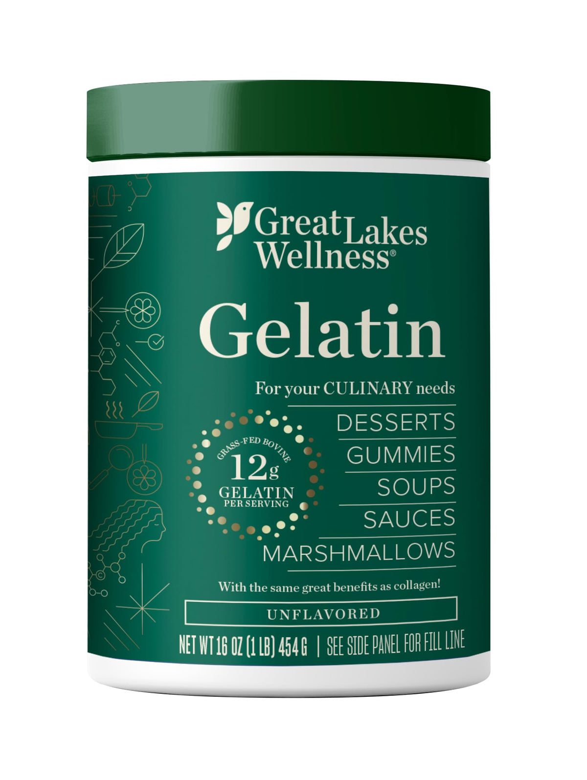 Great Lakes Wellness Rindergelatinepulver für kulinarische Zwecke – Perfekt für Gummibärchen, Marshmallows, Desserts und mehr – Ungesüßt – Grasgefüttert, Koscher, Keto, Gentechnikfrei 16 oz