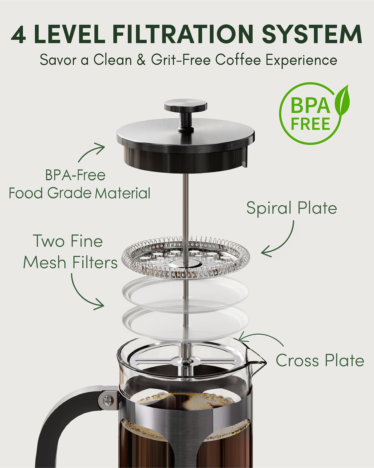 BAYKA French Press Coffee Maker 34 Ounce 1 Liter, Borosilicate Glass Stainless Steel Brewer, Large Portable Cold Brew Cafetera Teapot for Kitchen Travel Camping Coffee Bar Accessories, Dark Pewter