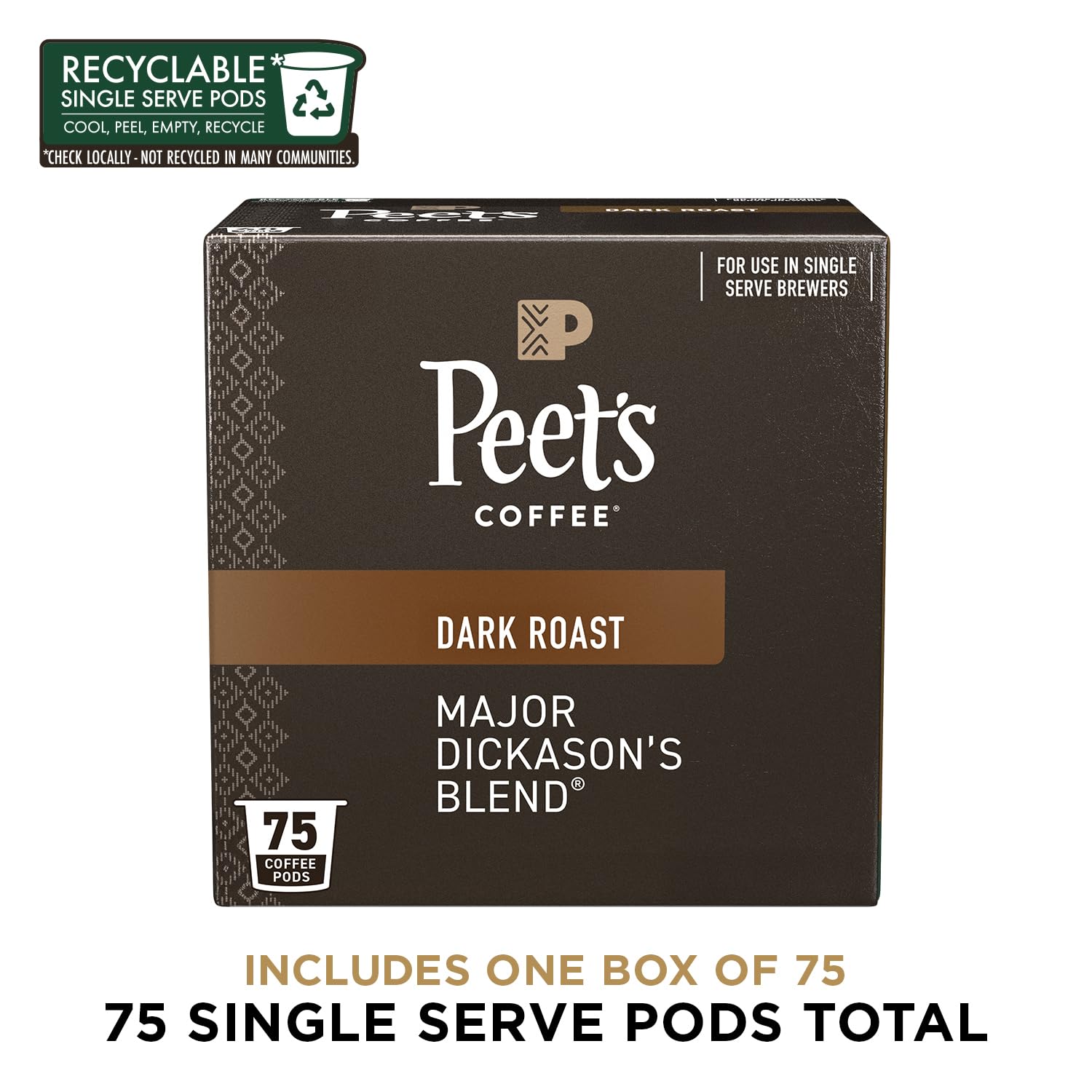 Peet's Coffee, Dark Roast Single Serve Coffee Pods - Major Dickason's Blend 75 Count (1 Box of 75 Pods)