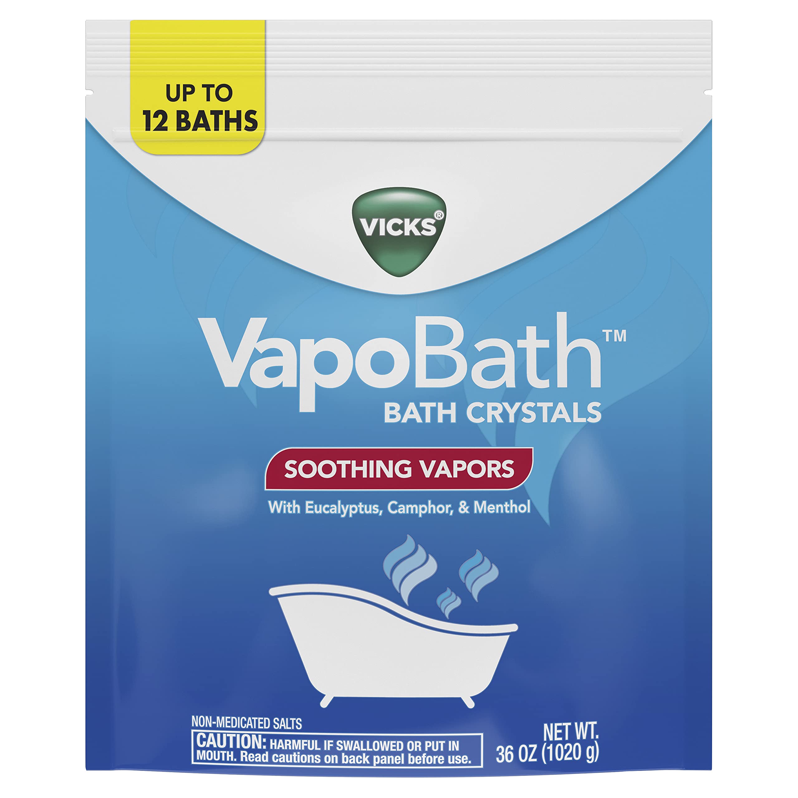 Vicks VapoBath, Bath Salts, Bath Bomb, Non-Medicated Bath Crystals, Comforting Vicks Vapors, Vapor Bath, Aromatherapy with Eucalyptus and Menthol Scent, Contains Essential Oils, 36 OZ