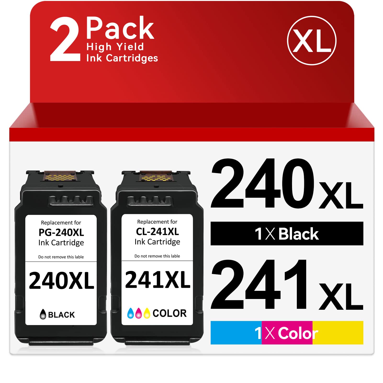 PG-240 XL/CL-241 XL Ink Cartridges Compatible for Canon 240XL 241XL Combo Pack for Canon PIXMA MG3620 MG3600 MG3520 TS5120 MG2120 MX472 MX452 MX512 MX532 Printer (1 Black,1 Color)