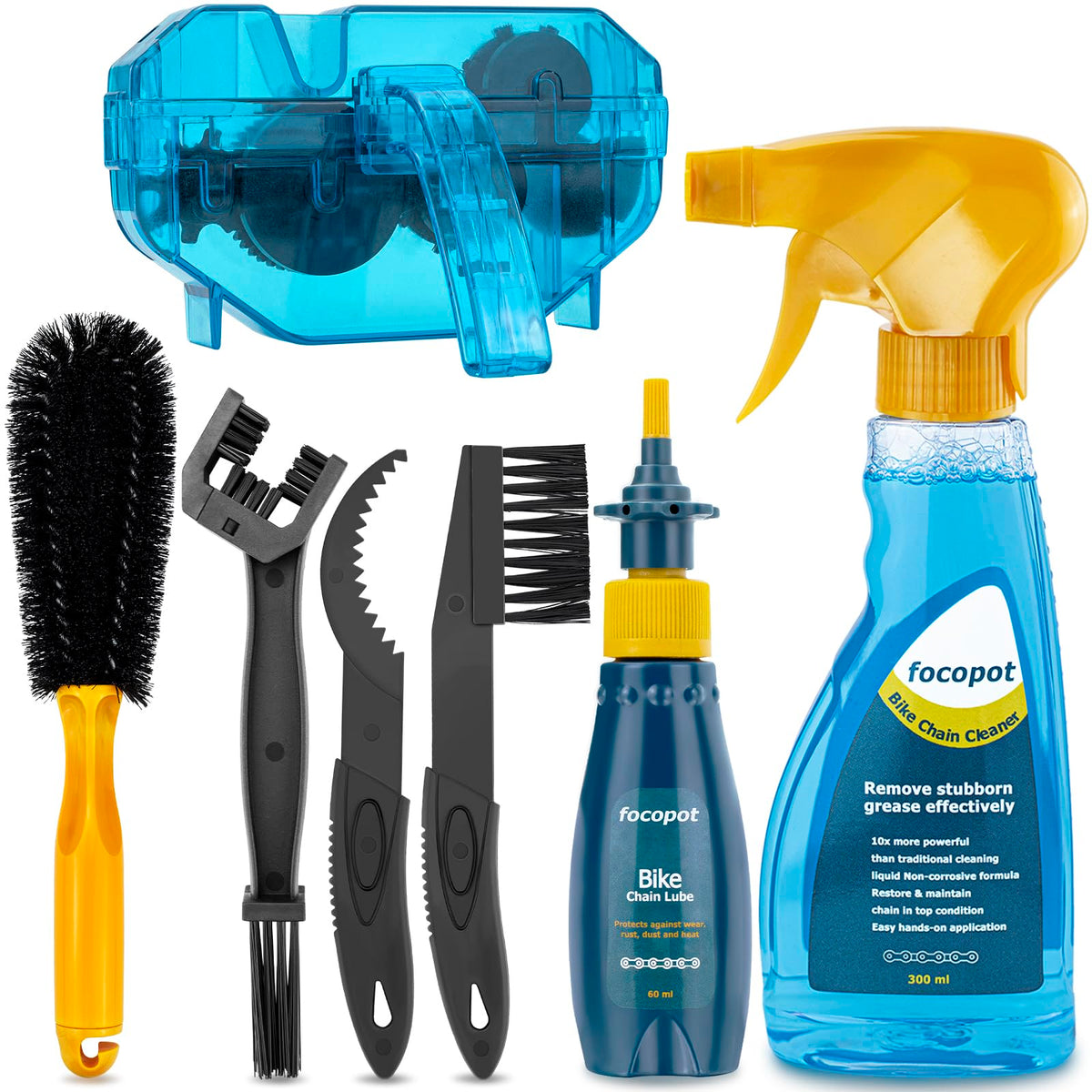 focopot Bike Cleaning Kit Including Bicycle Chain Cleaner Degreaser,Cycling Chain Lube,Cleaner Brush Tool,Scrubber,Suitable for Mountain/MTB,Ebike,Road Bike and Trail Bikes