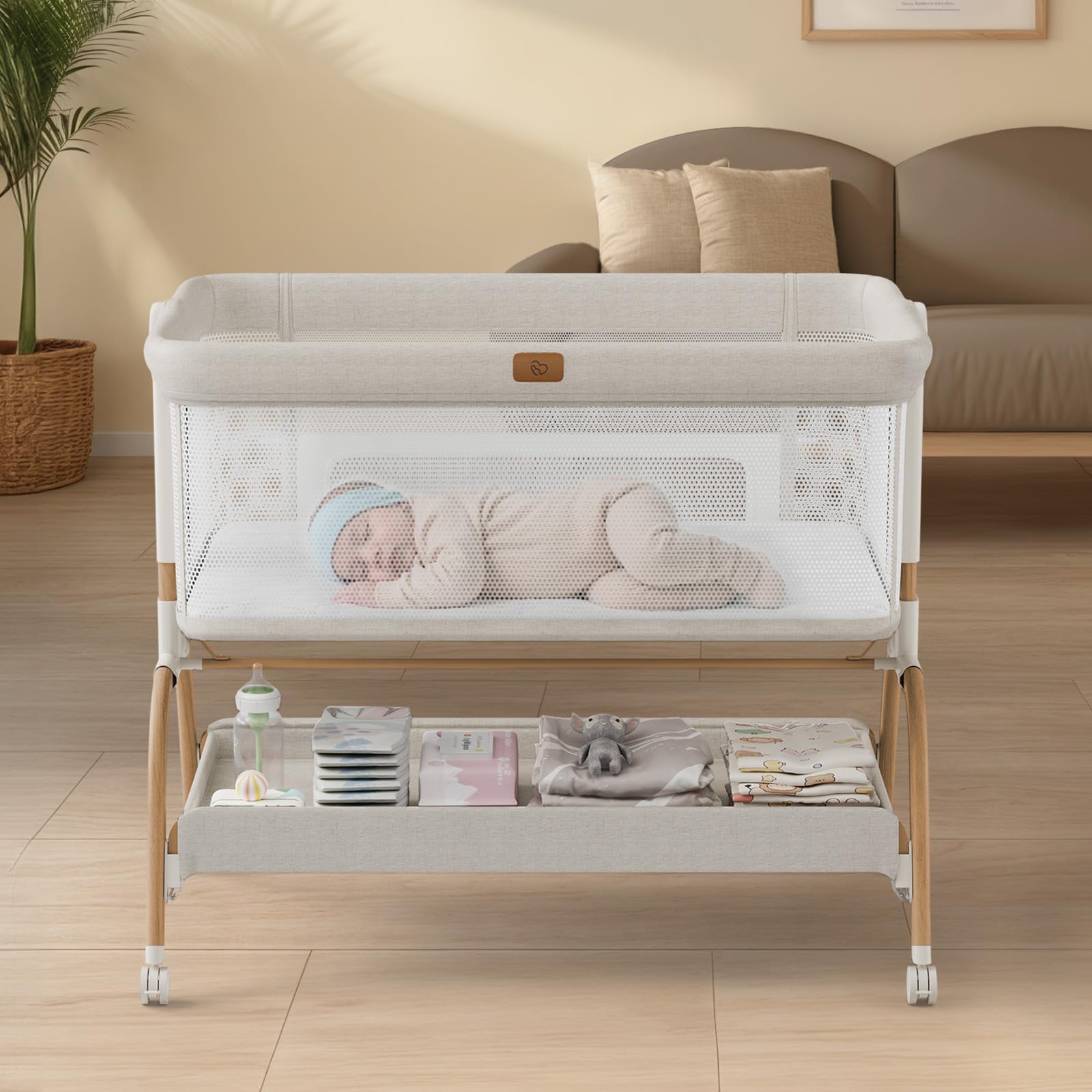 Baby-Beistellbett, 3-in-1 Baby-Beistellbett mit Matratze und weichem, atmungsaktivem Laken, Seiten aus Vollgitter, 6-fach höhenverstellbar, stabiles und sicheres Beistellbett für Neugeborene