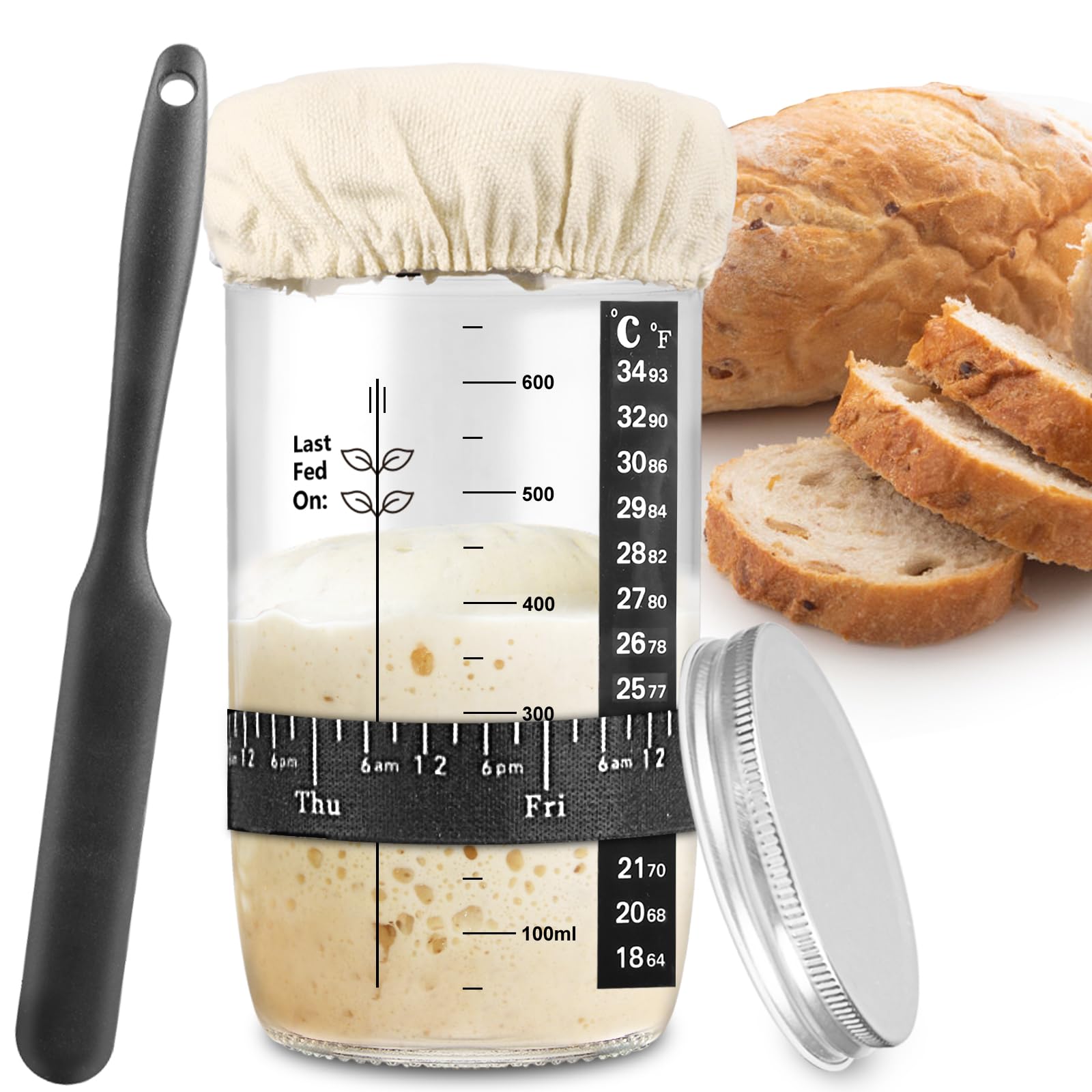 zunmial Sauerteig-Starterglas, Sauerteig-Starter-Kit mit datierter Fütterungsbanderole, Thermometer, Stoffabdeckung & Metalldeckel, wiederverwendbares Sauerteig-Brotbackzubehör, Heimbackzubehör