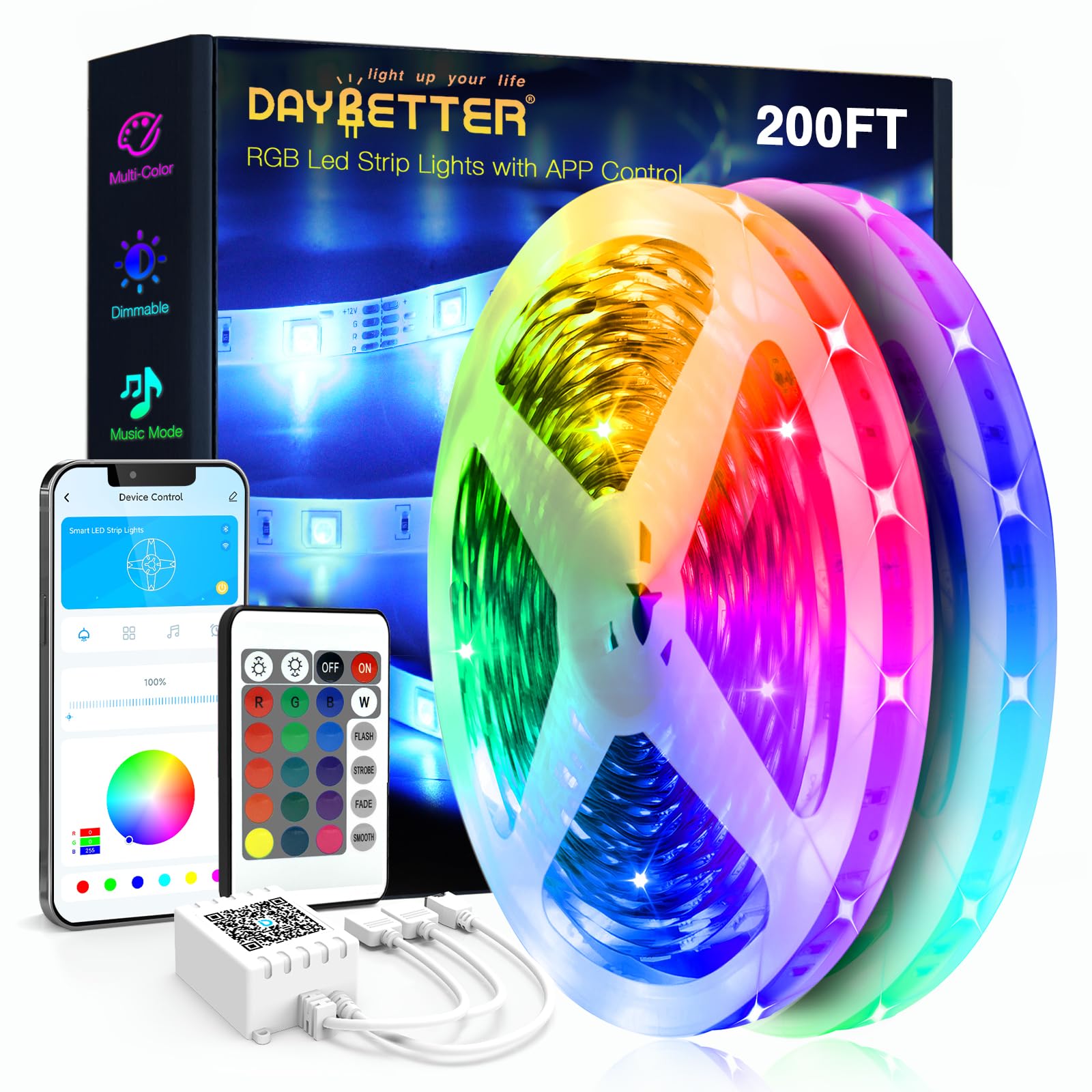 DAYBETTER LED-Lichtstreifen 60m (2 Rollen à 30m) Ultralange intelligente Lichtstreifen mit App-Sprachsteuerung und Fernbedienung, RGB Musiksynchronisation Farbwechselnde Lichter für Schlafzimmer, Küche, Party, Heimdekoration