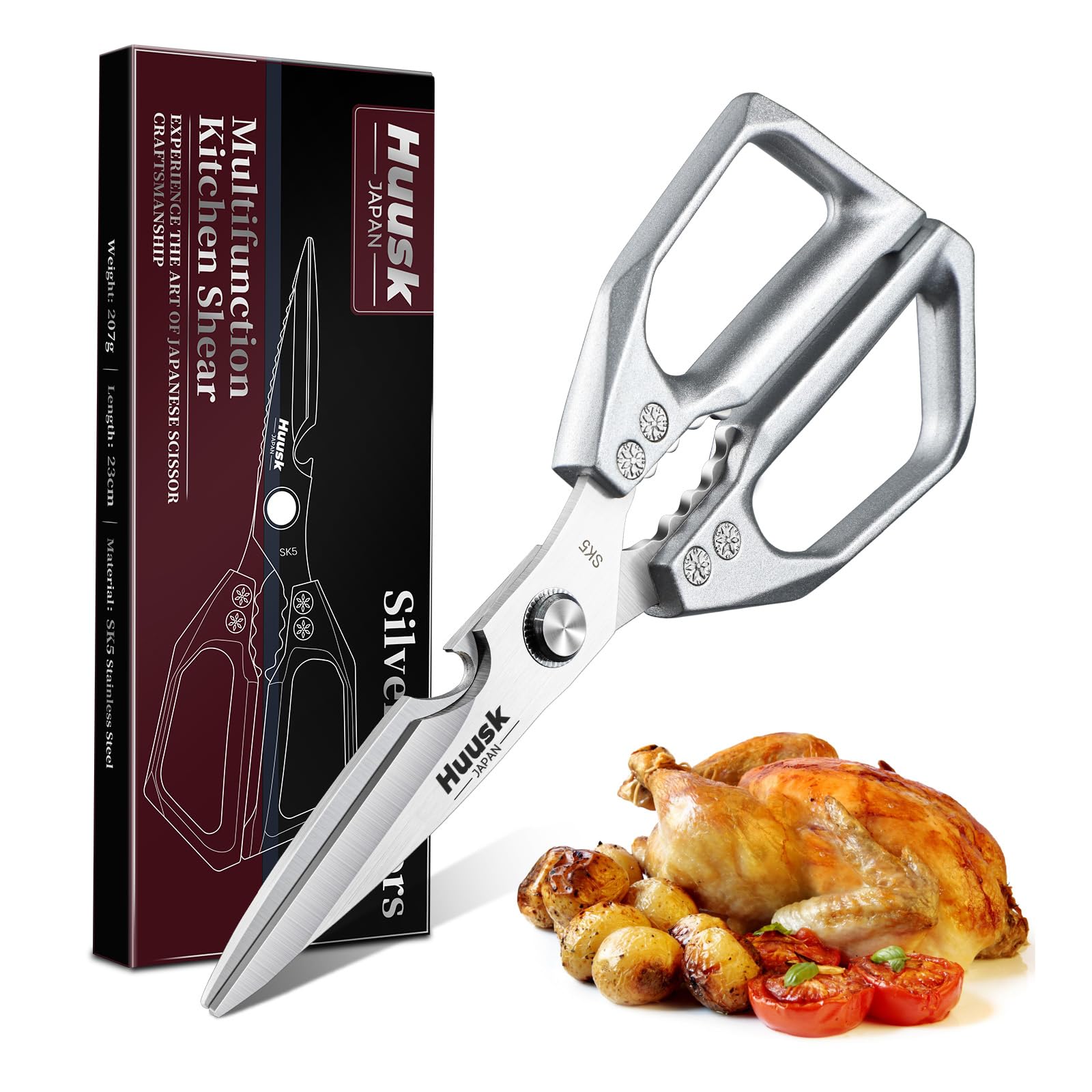 HUUSK Kitchen Scissors all Purpose - Stainless Steel Kitchen Shear, Sharp Silver Meat Scissors Dishwasher Safe, Heavy Duty Poultry Shears, Japanese Cooking Scissor for Food, Chicken Bones, and Turkey