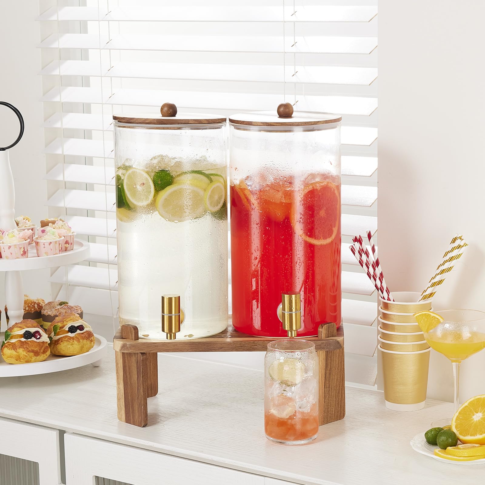 2 PCS 1.5 Gallon Drink dispenser, Glass Beverage Dispenser With Wood Stand, Large Water Drink Dispensers for Parties With Stainless Steel Spigot, Ideal for Lemonade,Juice, Tea, and Party Drinks