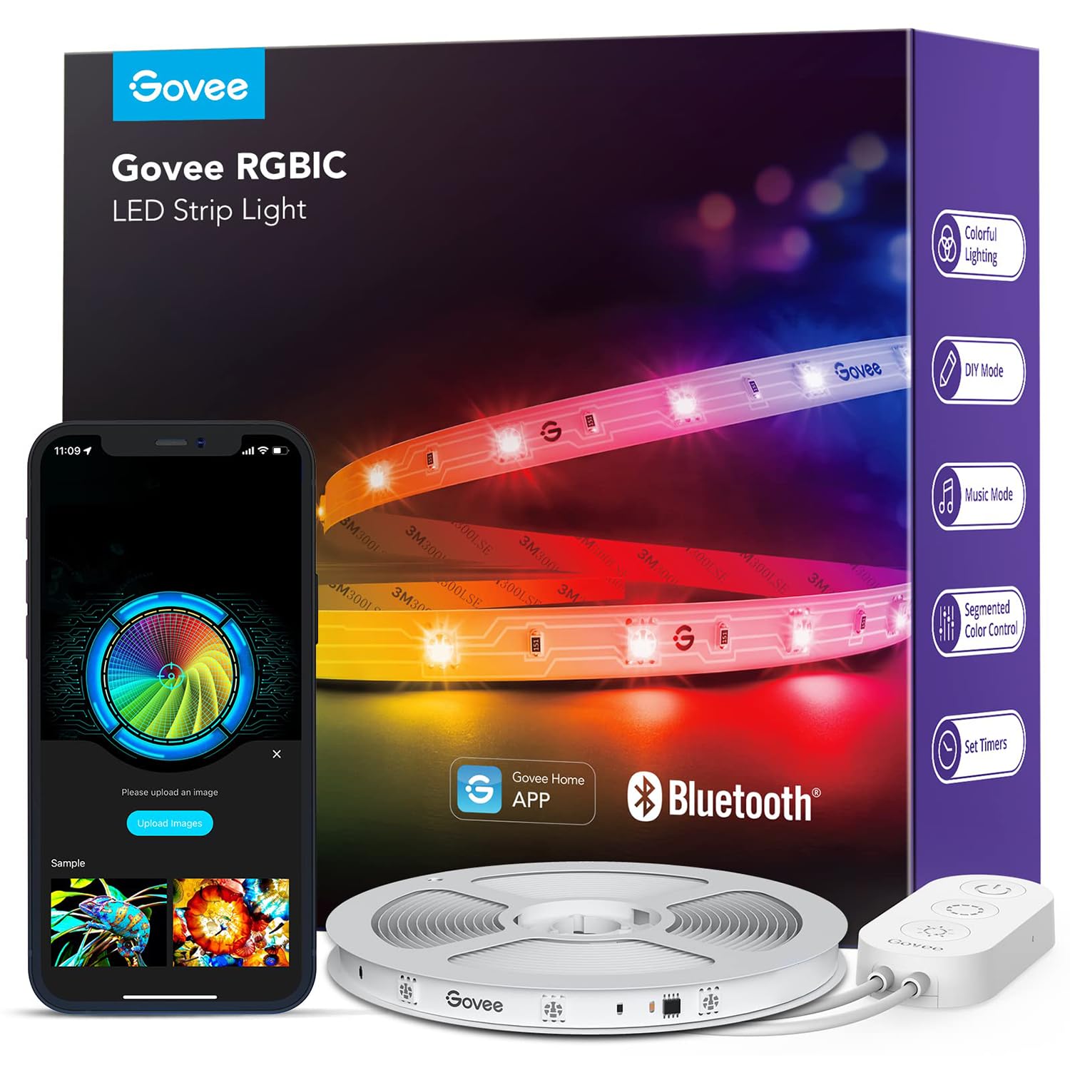Govee RGBIC LED-Lichtleiste, Smarte LED-Lichter für Schlafzimmer, Bluetooth LED-Lichter mit App-Steuerung, DIY mehrere Farben auf einer Linie, Farbwechselnde LED-Lichtleiste mit Musiksynchronisation, Heimdekoration, 5m