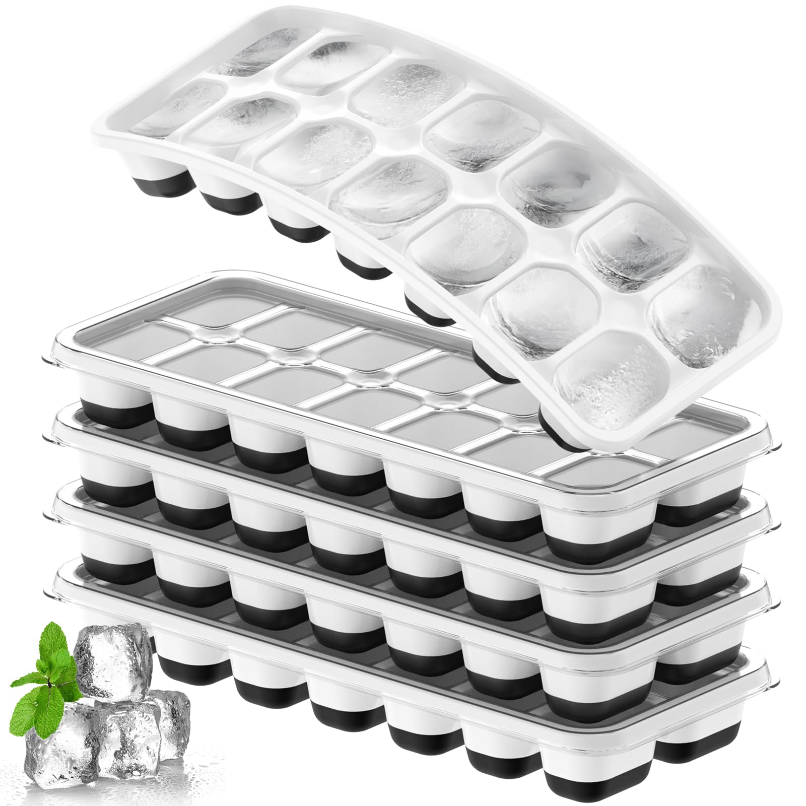 Ice Cube Tray 5 Pack, Stackable Silicone Ice Cube Trays with Lid- Easy Release Reusable Ice Tray, BPA-Free Rectangular Ice Cube Mold Set for Cocktails, Coffee, Whiskey & Drinks- Black