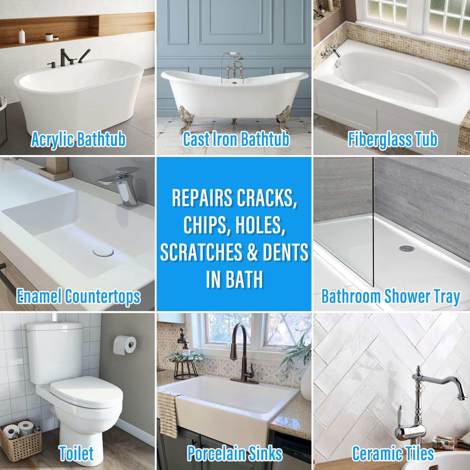 Tub Repair Kit White, Tub Chip and Bathtub Repair Kit for Enamel, Fiberglass, Acrylic, Porcelain, Patch and Repairs Chips, Crack, Scratches, Rust, Holes on Tubs, Toilet, Sink, Shower, Tray in Bathroom