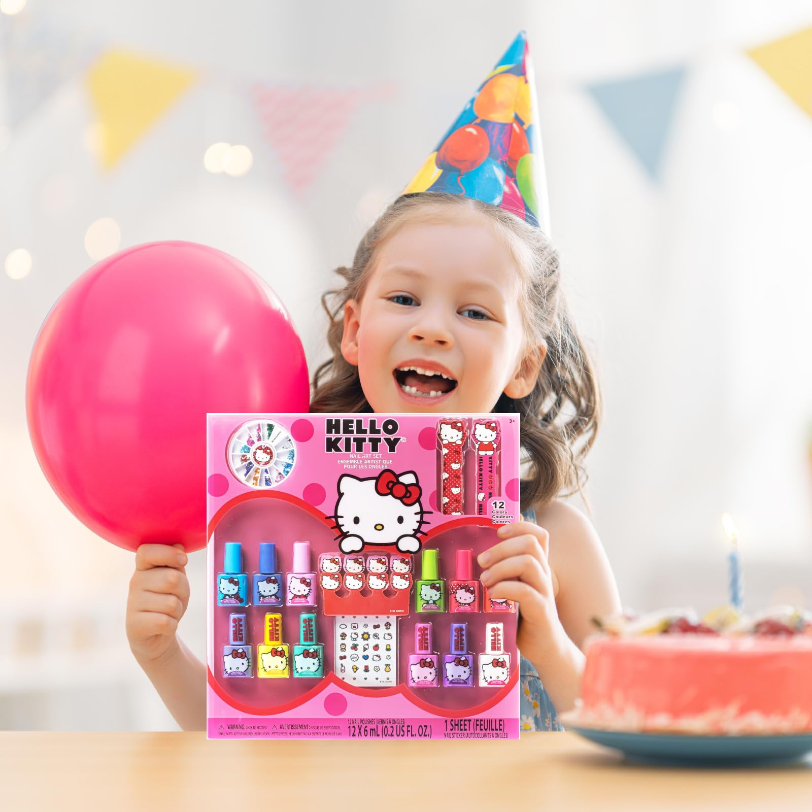 Hello Kitty Water-Based Nail Polish Set, Peel-Off Set with Glittery & Opaque Colors and Nail Accessories for Girls Kids, Perfect for Dress Up, Parties & Makeovers Ages 3+ by Townley Girl