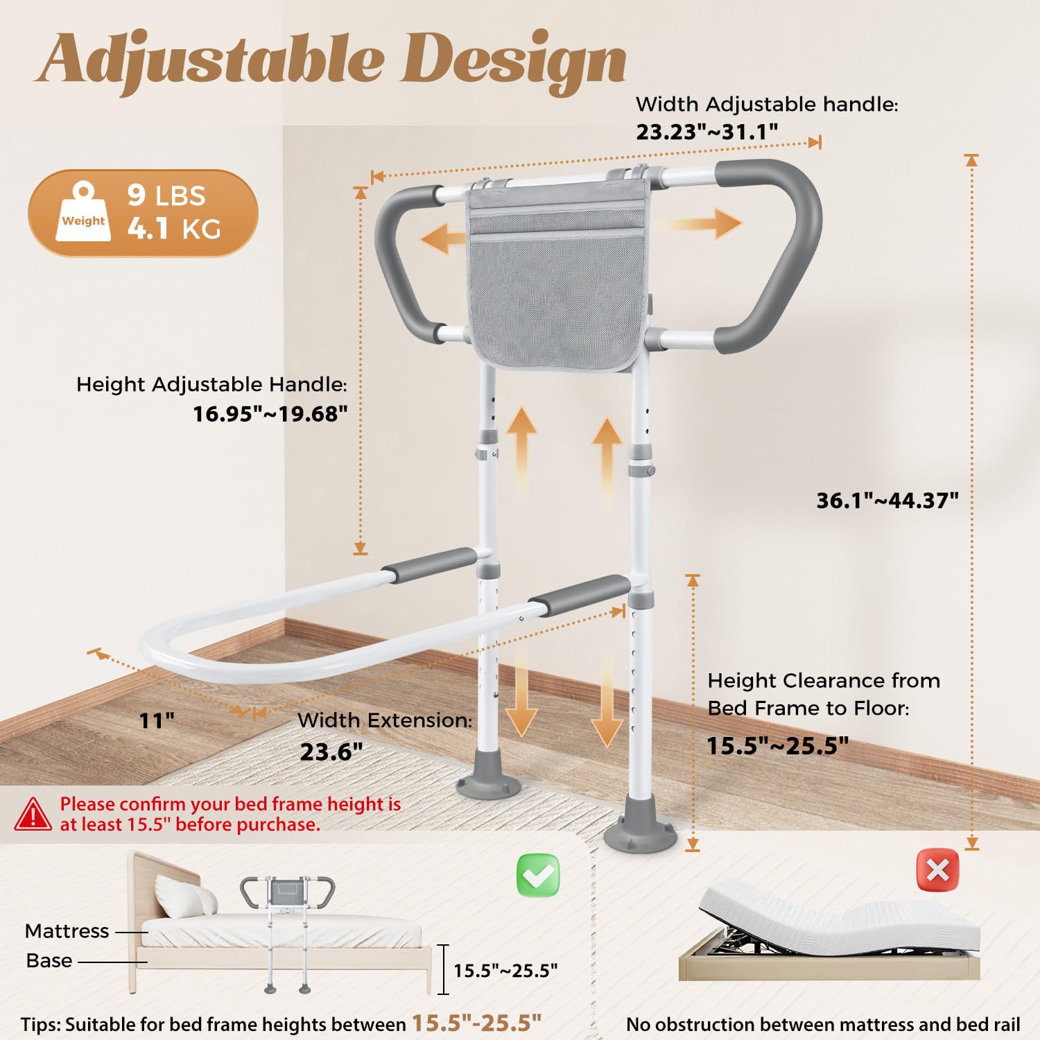 Bed Rails for Elderly Adults Safety: Adjustable Bedside Assist Rails with Storage Pockets, Non-Slip Handles, Sensor Night Light, 400LB Gravity Capacity (Compatible with Bed Frames 15.5" or Highe)