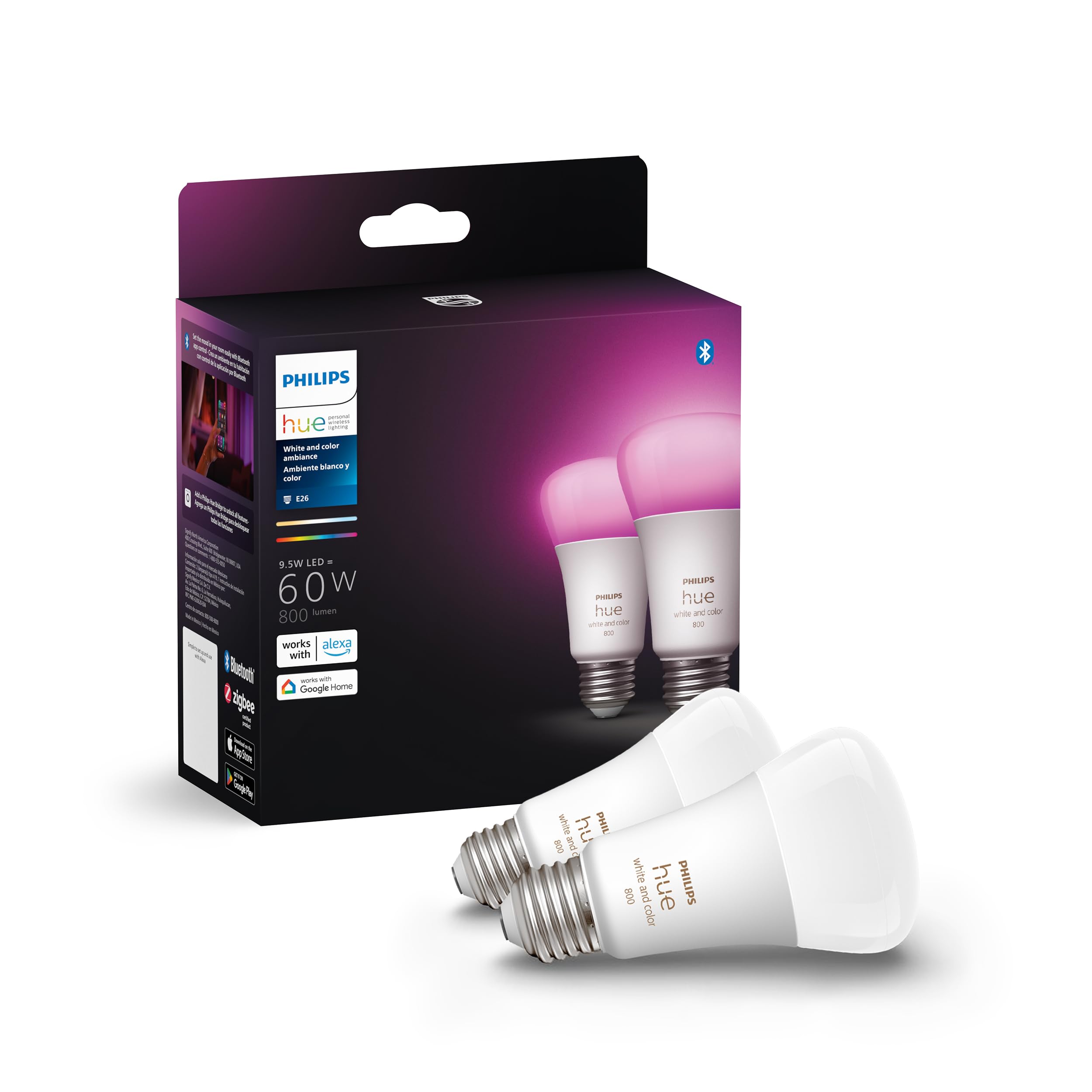 Philips Hue Smart 60W A19 LED-Lampe – White and Color Ambiance Farbwechsel-Licht – 2er-Pack – 800LM – E26 – Innenbereich – Steuerung mit Hue App – Funktioniert mit Alexa, Google Assistant und Apple Homekit