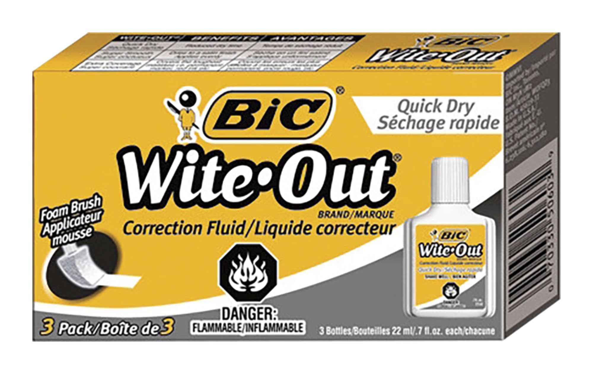 BIC Wite-Out Quick Dry Correction Fluid, 20 mL, White, Goes On Easy With A Reduced Dry Time, 3-Count Pack