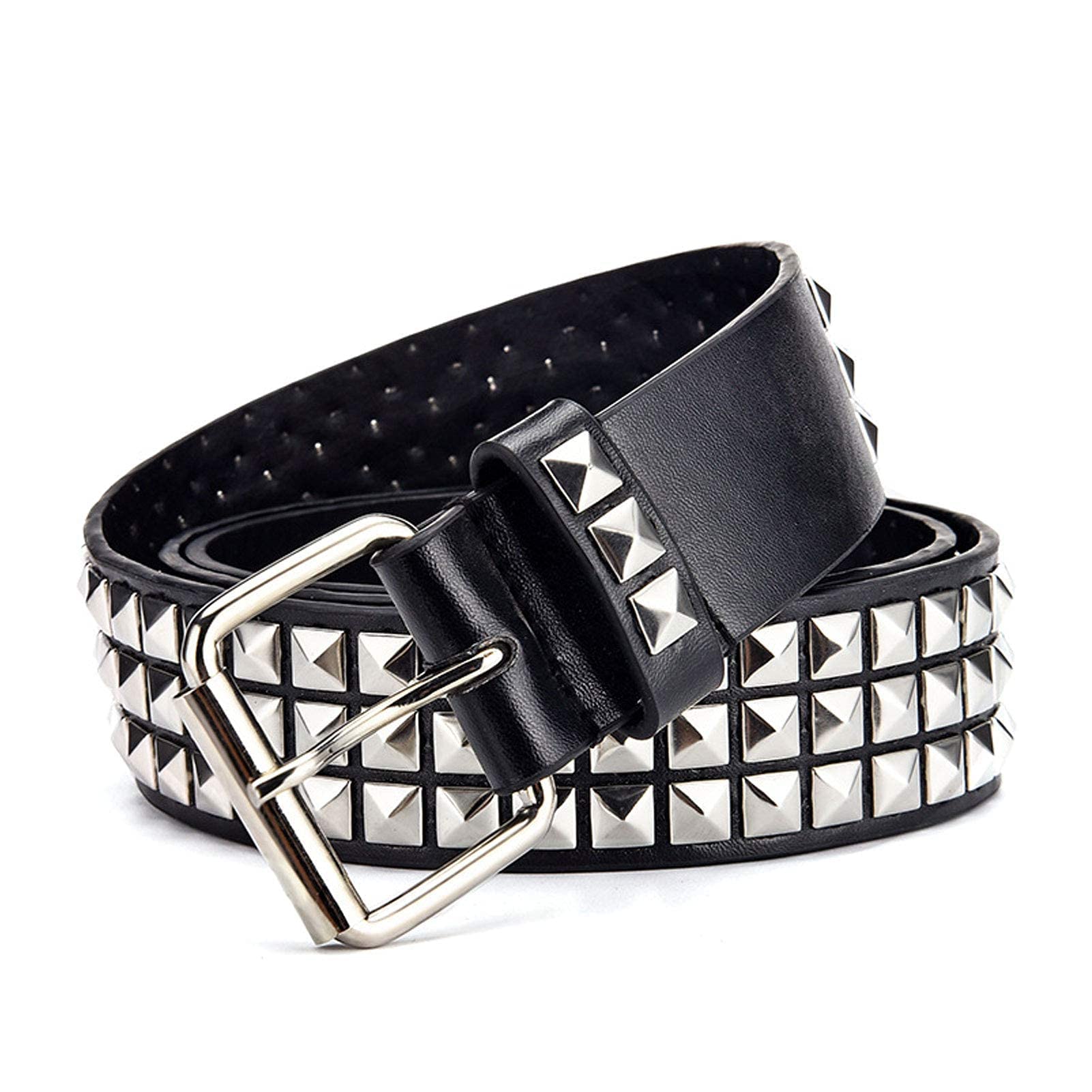 SNCEAW Studded Belt, Metal Punk Rock Rivet belt with Bright Pyramid Studded for Women Men (Black, Fit Pant 31-36 inch)
