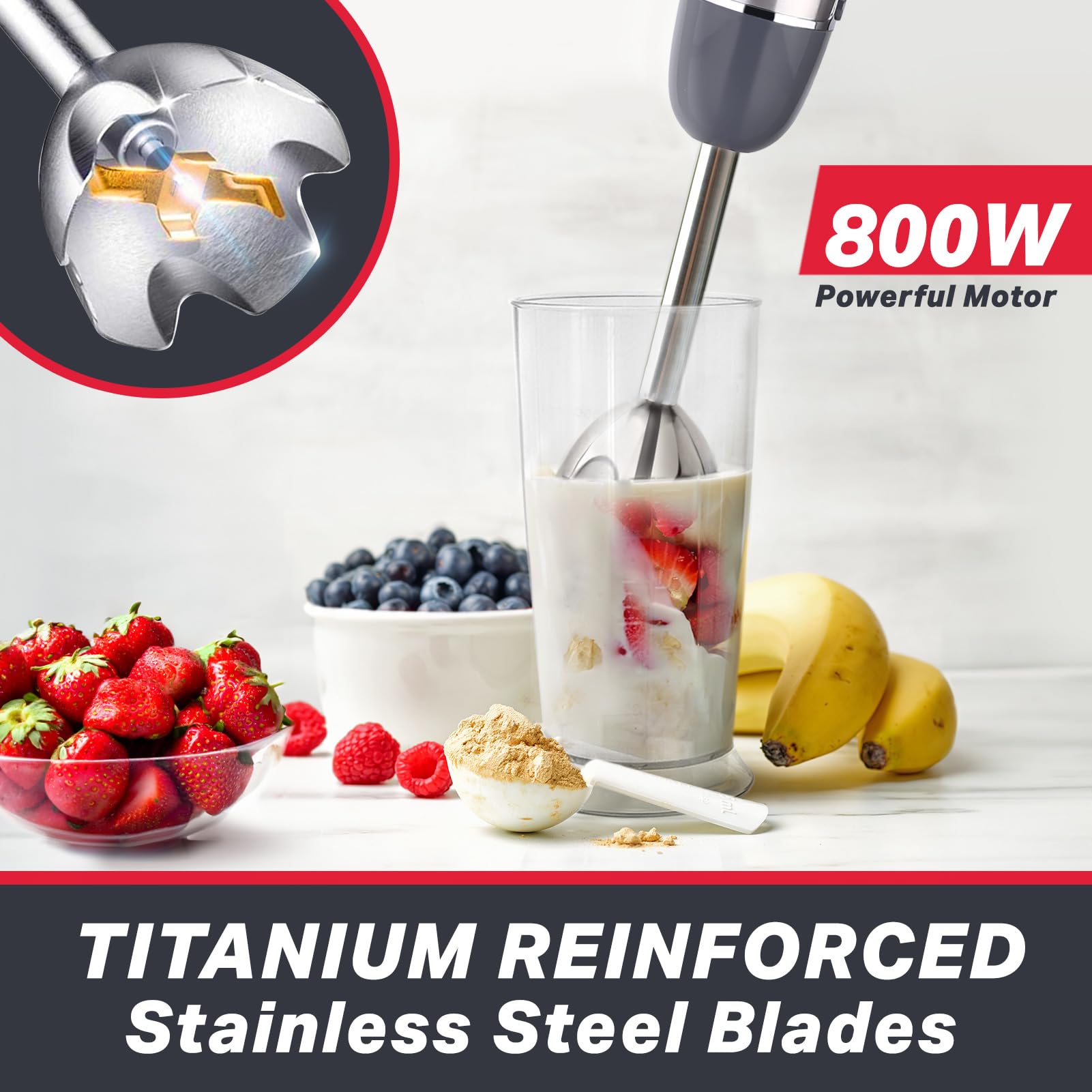 Mueller Multistick 5-in-1 Stabmixer, 12 Geschwindigkeiten, Handmixer – Turbo Boost, Hochleistungsmotor aus Kupfer, Handmixer mit Titan-Klingen, Milchaufschäumer, Schneebesen, Messbecher, Zerkleinerer, Grau