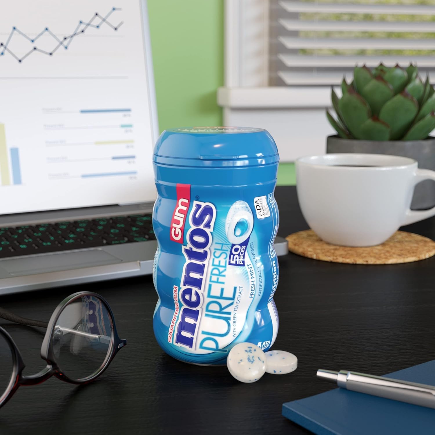 Mentos Pure Fresh Sugar-Free Chewing Gum with Xylitol, Fresh Mint, 50 Piece Bottle (Bulk Pack of 6)