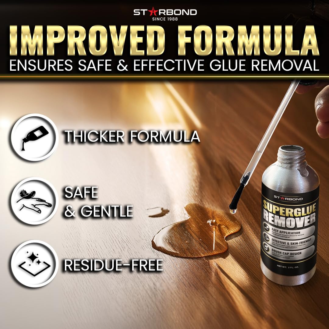 STARBOND Super Glue Remover, Dissolves Adhesive, CA Glue Debonder, Easy Brush Cap Applicator, 2 oz