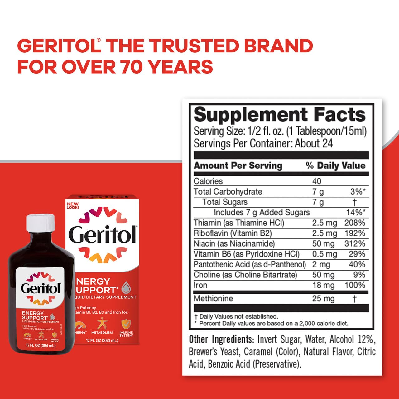 Geritol, Liquid Vitamin and Iron Supplement, Energy Support, Contains High Potency B-Vitamins and Iron, Pleasant Tasting, Easy to Swallow, No Artificial Sweeteners, Non-GMO, 12 Oz