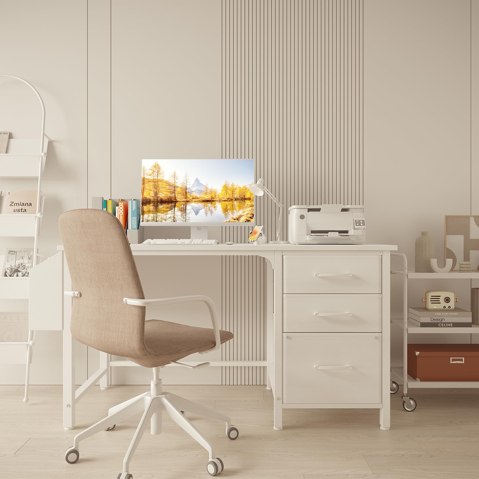 Lufeiya White Desk with Fabric File Drawers Cabinet, 47 Inch Reversible Computer Desk with Filing Cabinet for Bedroom Small Space Home Office, Modern Writing Table PC Desks, White
