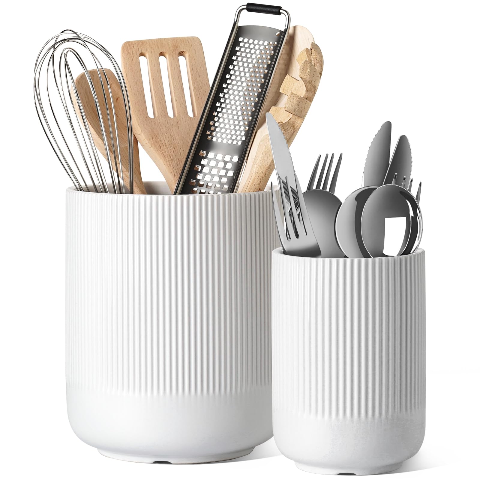 LE TAUCI Utensil Holder, 7.3"+5.4" Ceramic Kitchen Utensil Holder for Countertop, Large Cooking Utensil Crocks for Kitchen Counter Decor, Morden Utensil Organizer for Spatula, Set of 2, White