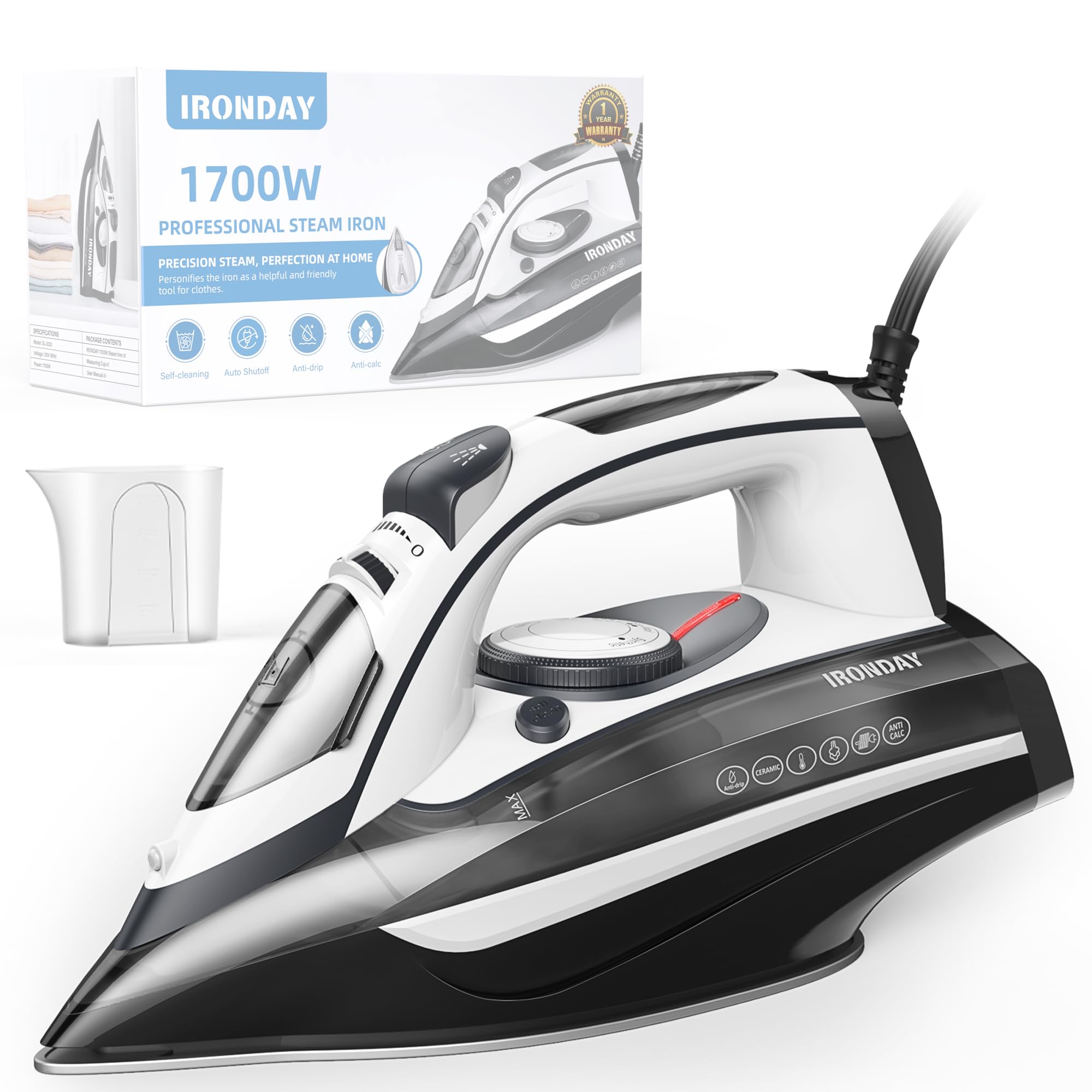 IRONDAY Dampfbügeleisen für Kleidung, schnelle Aufheizung, 1700 W Bügeleisen mit Antihaft-Keramiksohle, 3-Wege-Abschaltautomatik, Dampfstoß, Selbstreinigung, 416 ml Wassertank, Bügeln für Zuhause, Grau