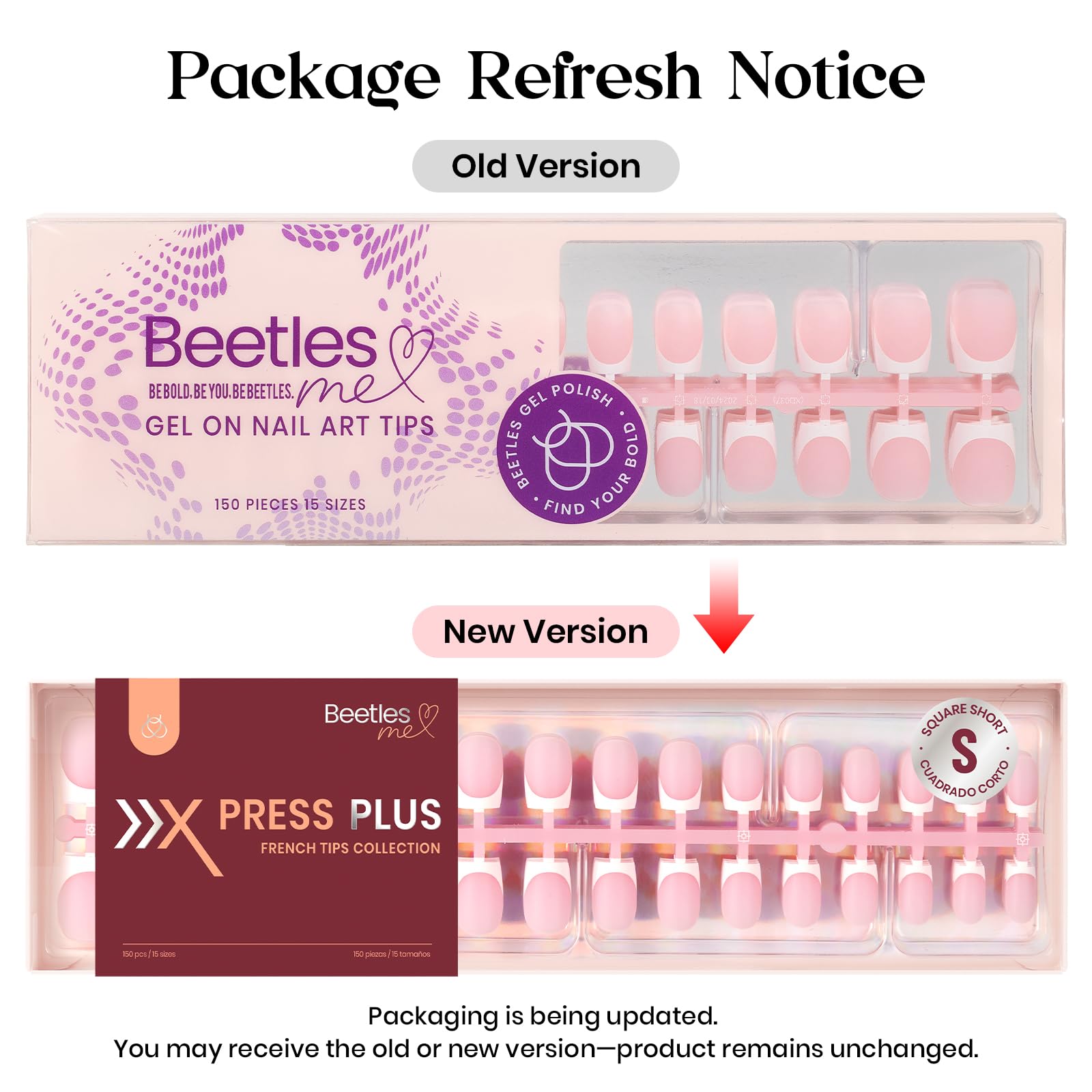 Beetles French Tip Press On Nails: 150 Pcs Pink Short Square Press On Nails 4 in 1 Nail Tips, Pre-Applied Primer & Base Coat, No File Need DIY Manicure for Nail Extension Gifts for Women