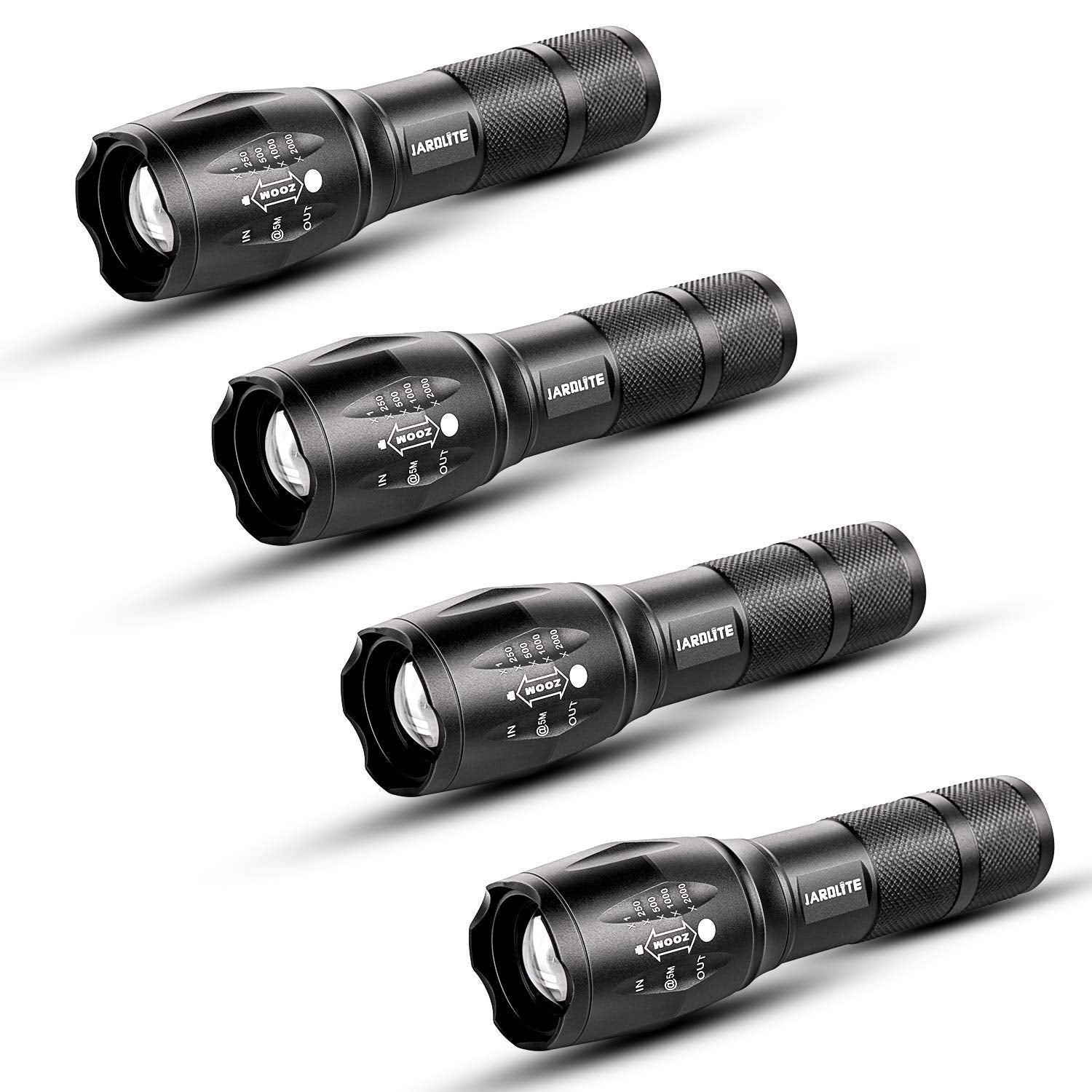 JARDLITE LED Notfall-Taschenlampe, 4er-Pack, einstellbarer Fokus, wasserdicht mit 5 Modi, beste taktische Taschenlampe für Hurrikan, Camping, Gassigehen