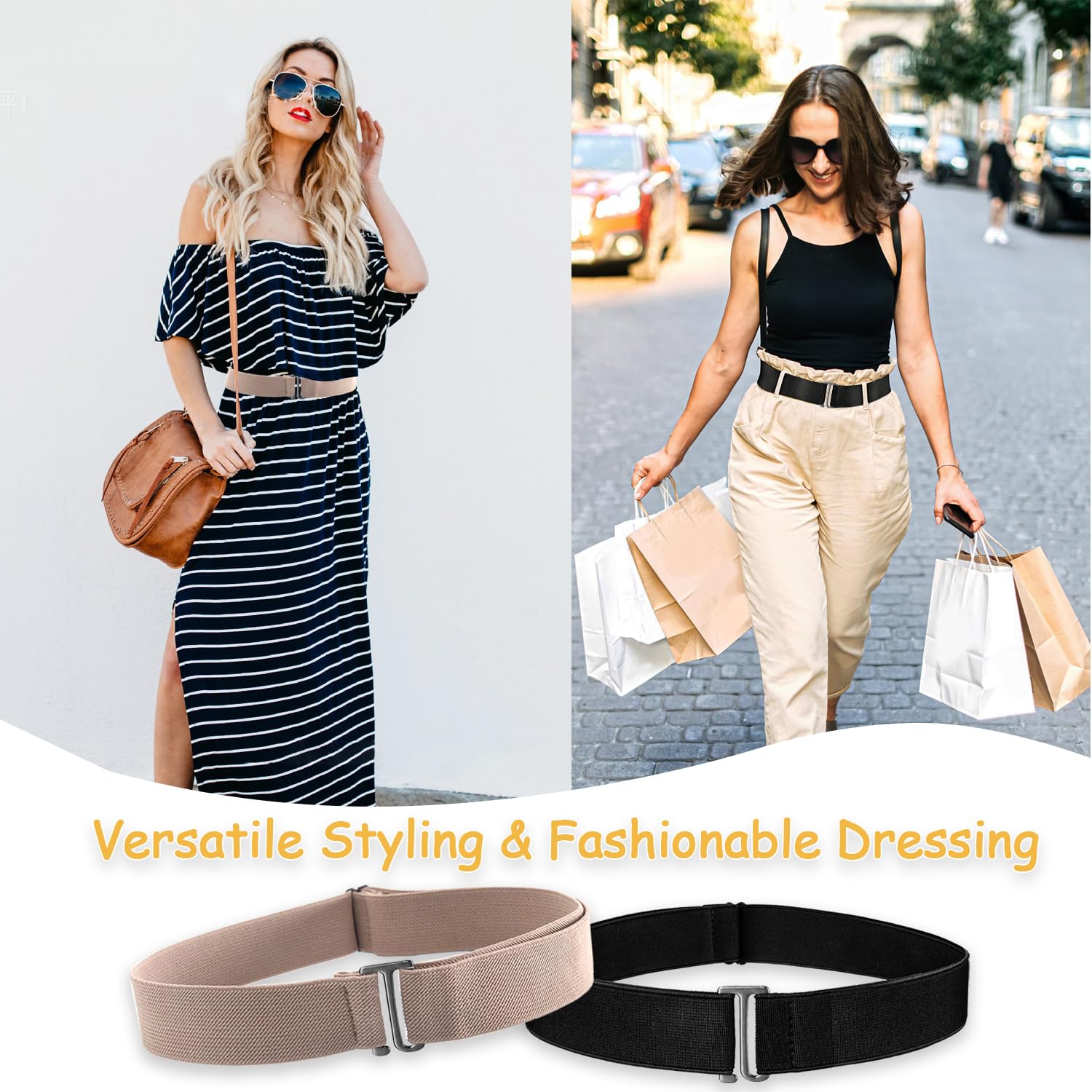 HAWOWZ 2Pcs No Show Stretch Belt for Women Invisible Elastic Belt Stretch, Adjustable Strap Belt with Flat Buckle for Jeans Pants Dresses