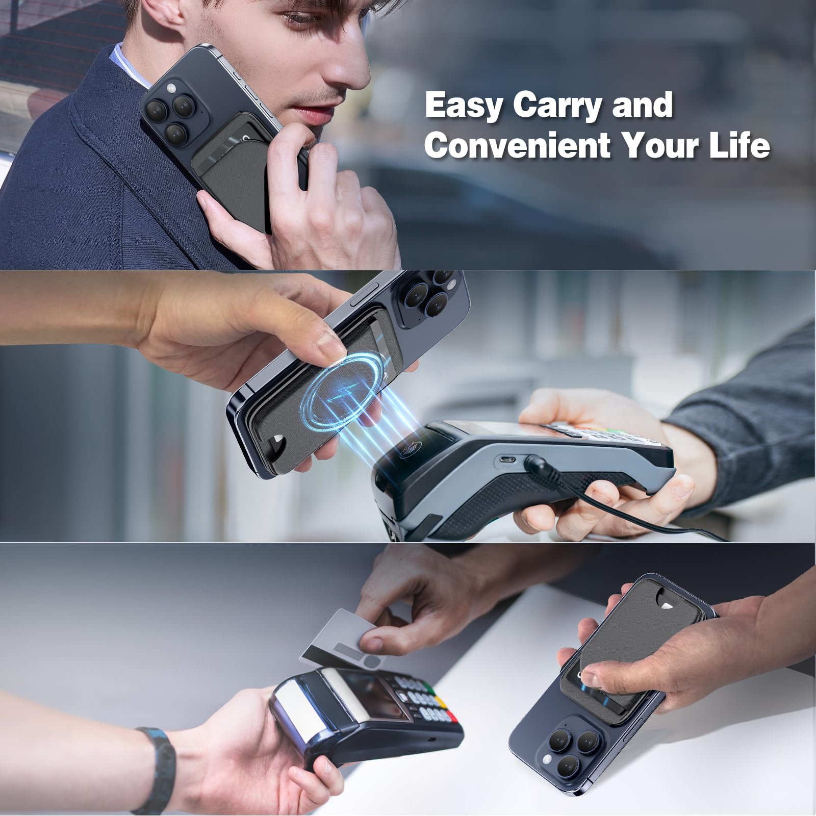 QYQBOON Mag-Safe Wallet Magnetic Wallet for Phone Lightweight Magnetic Phone Pouch Stand Adjustable Leather Mag-Safe Card Holder for iPhone 16/15/14/13/12 Series, Not for iPhone 13/12 Mini (Black)