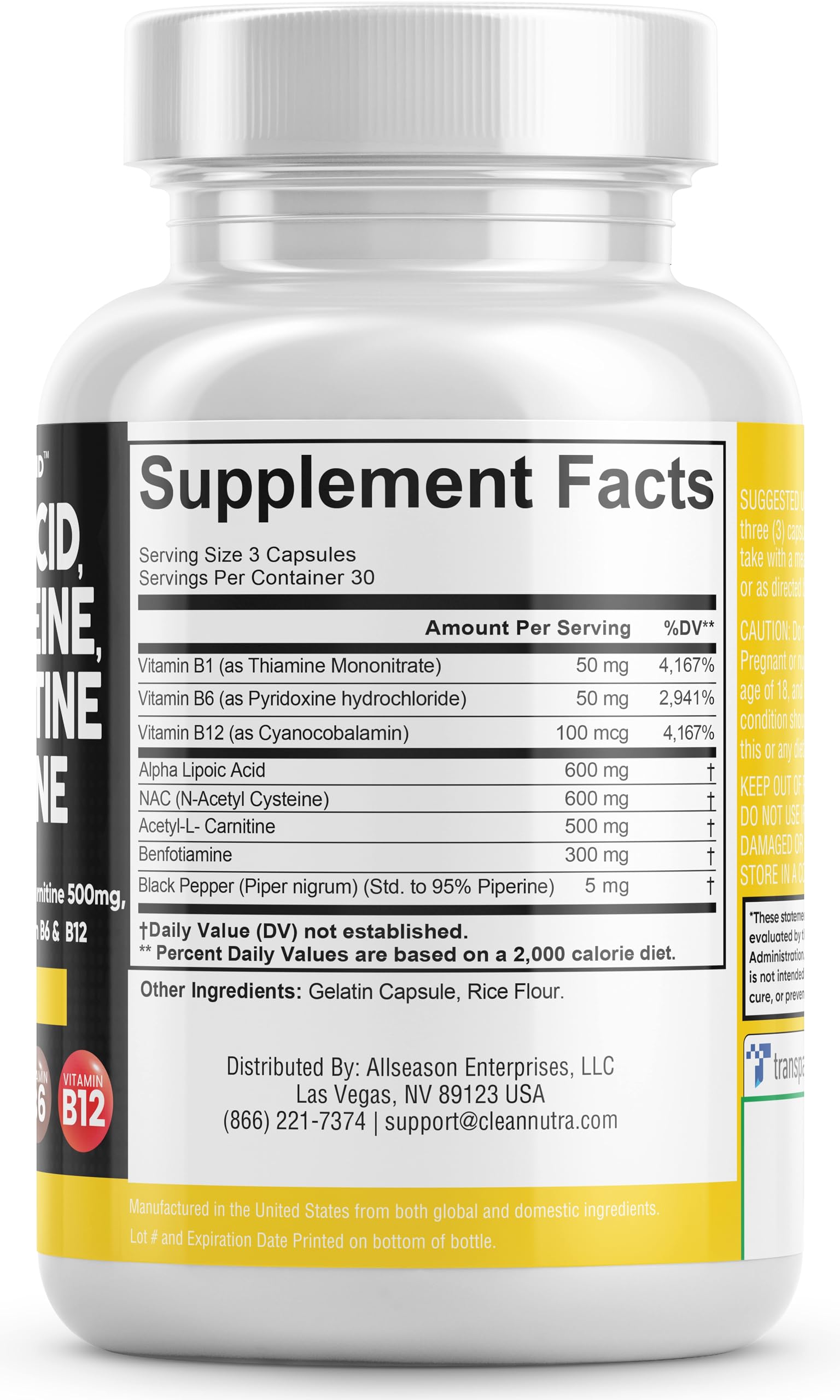 Alpha Lipoic Acid 600mg N-Acetyl Cysteine 600mg Acetyl L-Carnitine 500mg Benfotiamine 300mg - Nerve Support Supplement for Women and Men with Vitamin B1, B6 & B12 - Made in USA 90 Caps