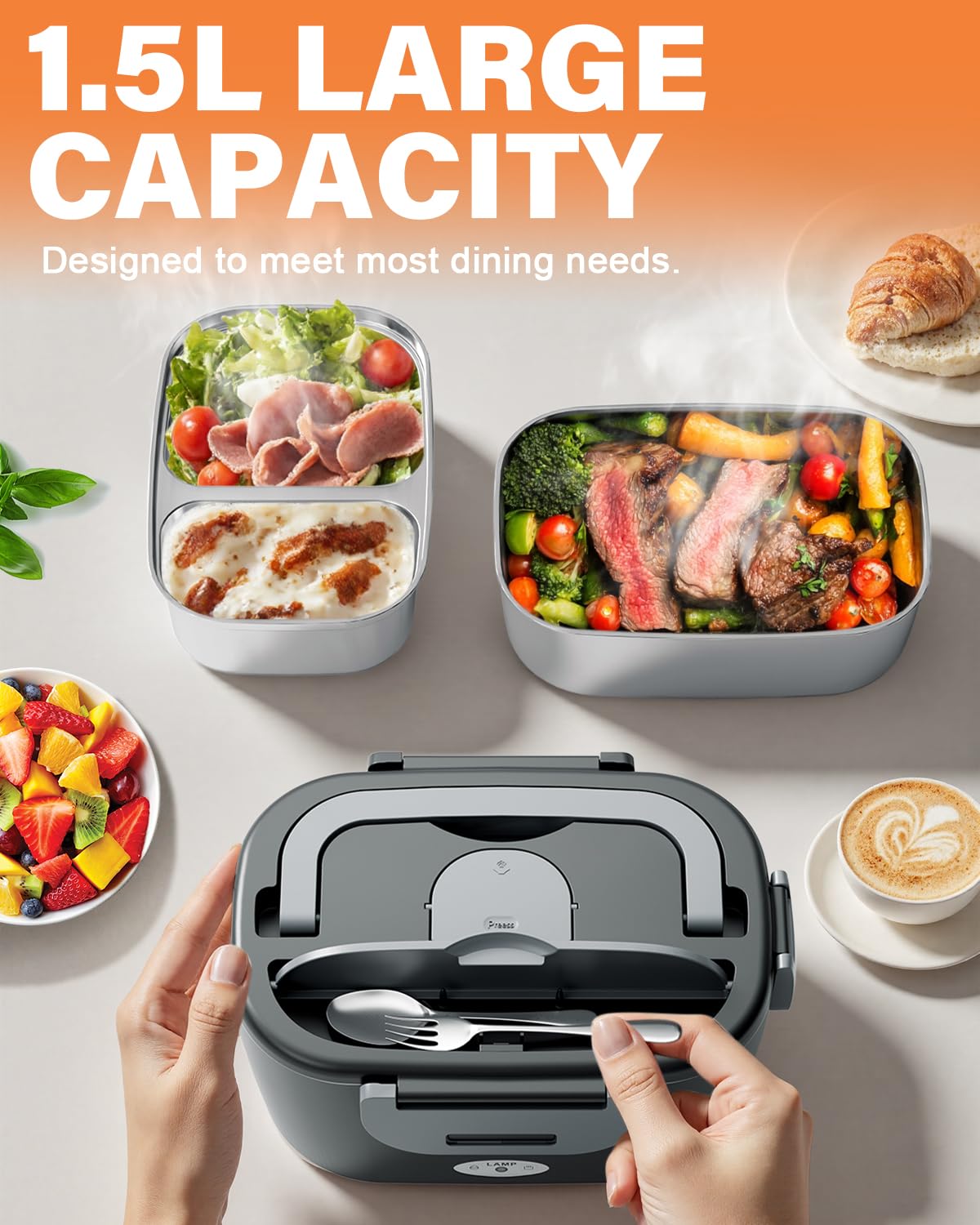 Geveniss Electric Lunch Box for Men, Women & Adults - 80W Fast Heating - Heated Lunch Box with Dual 1.5L SS Containers - Portable Food Warmer for Car, Truck, Office