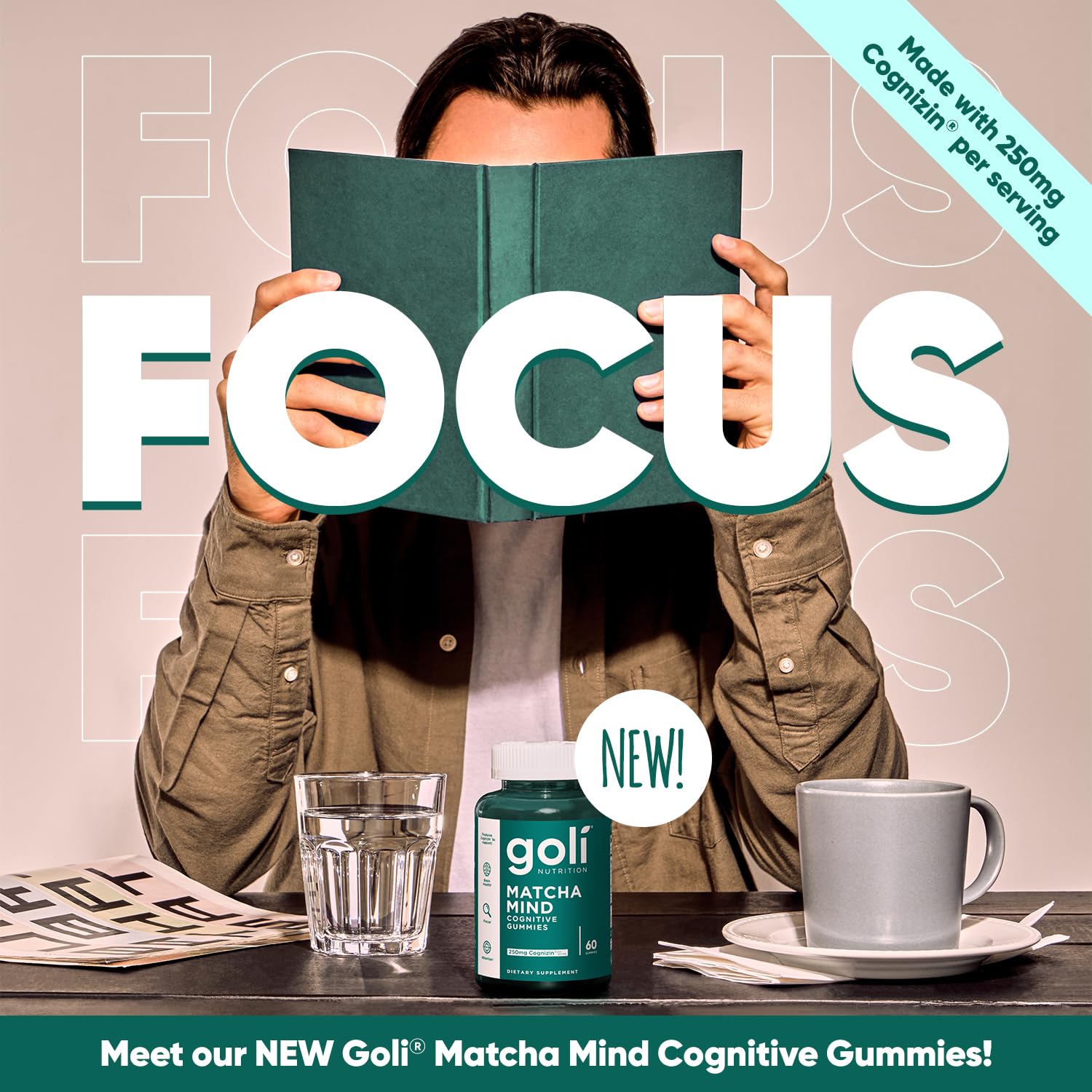 Goli Matcha Mind Gummies - 60 Count - Green Tea Leaves Powder with Cognizin for Focus, Attention and Brain Health, Vegan, Non-GMO, Gluten-Free & Gelatin Free.