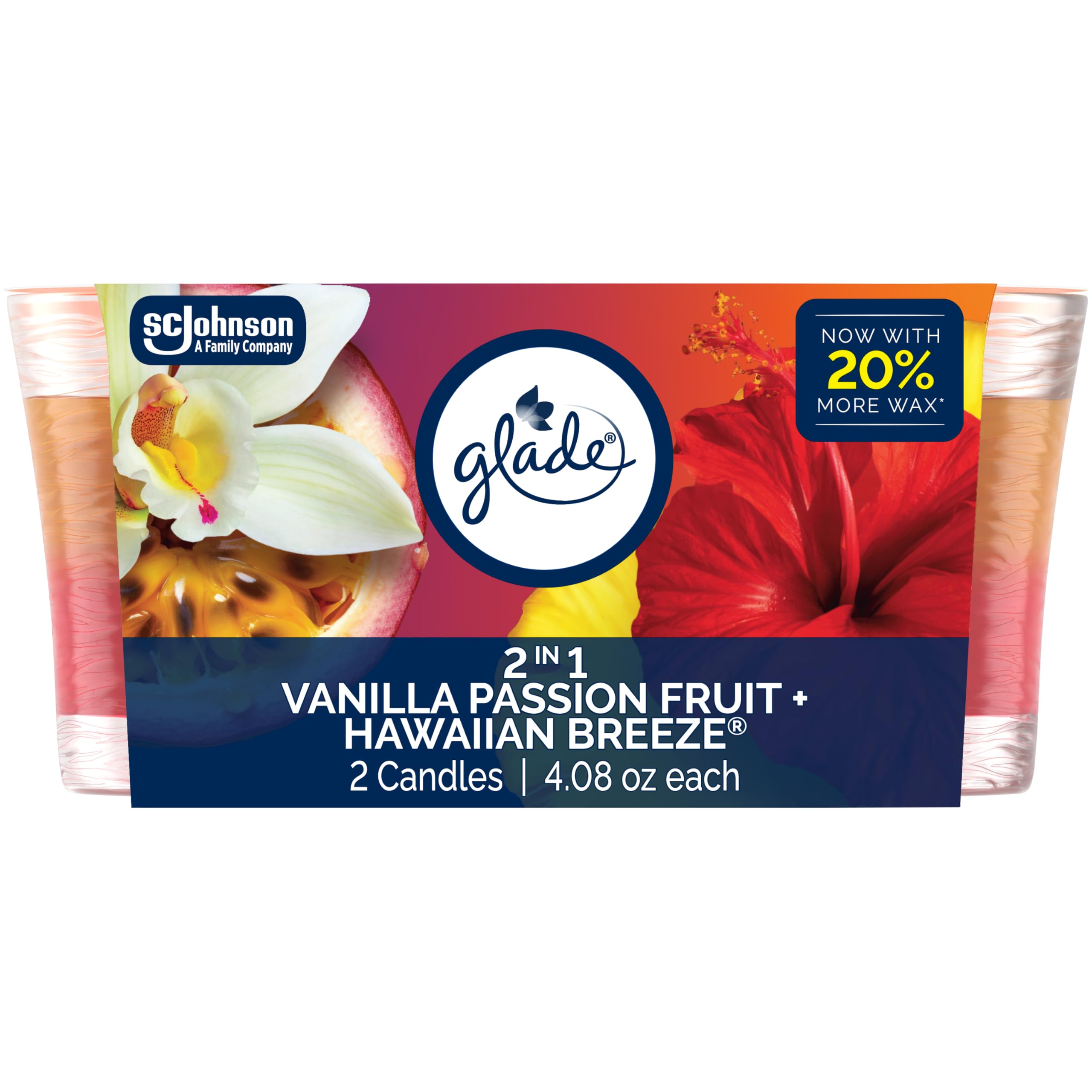 Glade 1-Docht Duftkerze im Glas, 2in1 Hawaiian Breeze & Vanille Passionsfrucht, Lufterfrischer angereichert mit ätherischen Ölen, 4,08 Oz, 2er-Pack