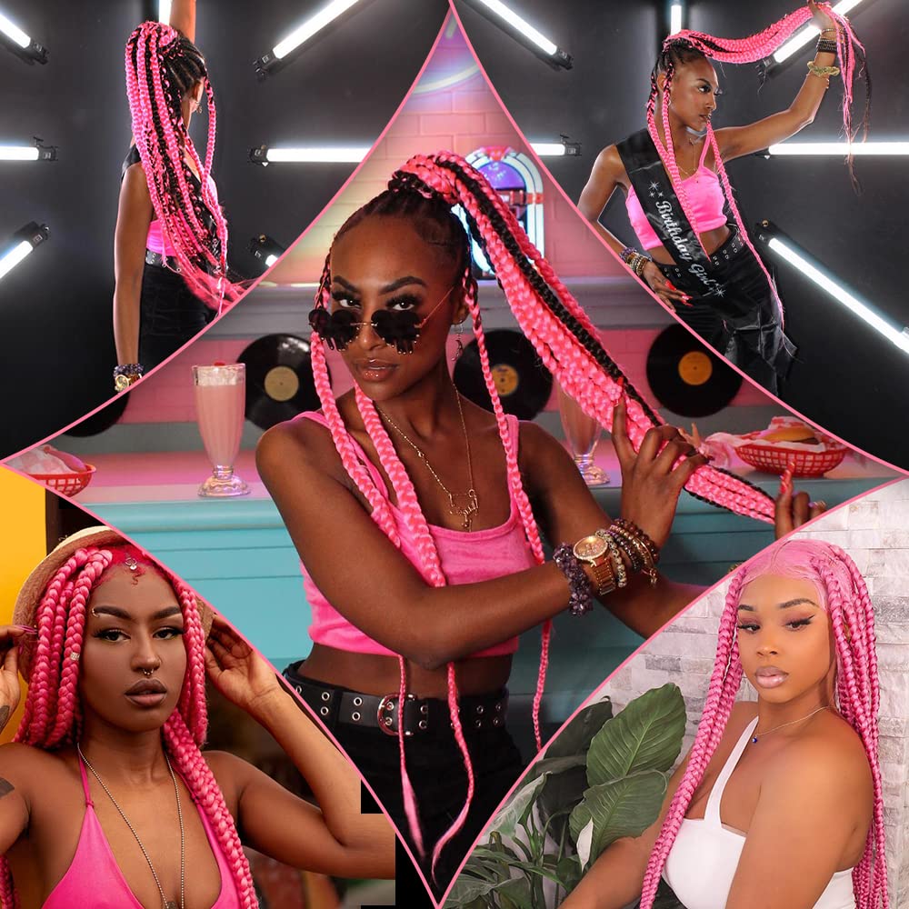 Pre stretched Braiding Hair 32 Inch Pink Braiding Hair Extensions Yaki Braids Hair Hot Water Setting Synthetic Hair Colored Braiding Hair Crochet Hair(3 Packs,Pink#)