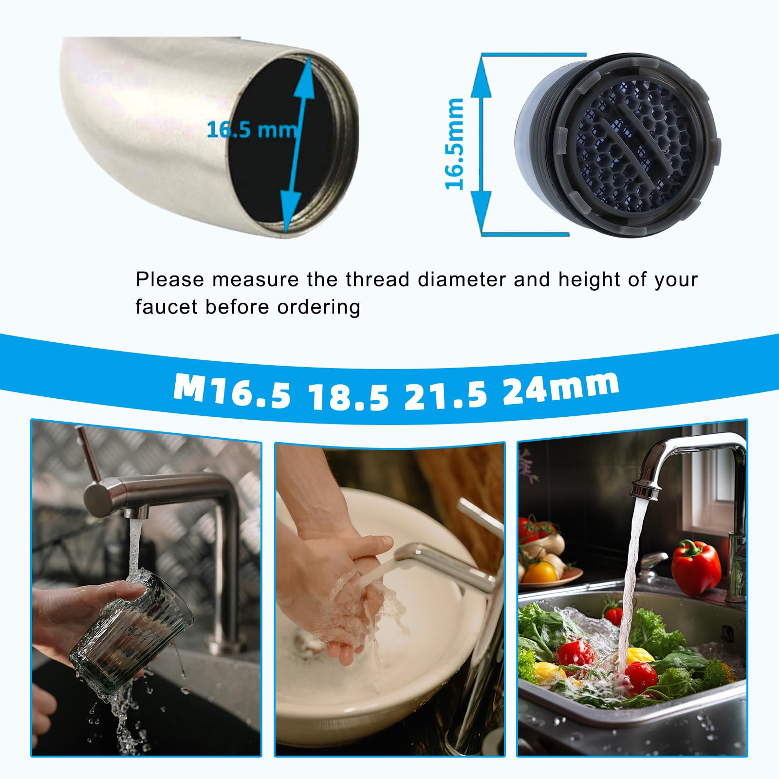 Hibbent 12 Pcs Faucet Aerator with 6 Pcs Faucet Aerator Key Removal Wrench Tool, Aerators Replacement Inserts for Sink M16.5 18.5 21.5 24 mm Tap Aerators Flow Restrictor