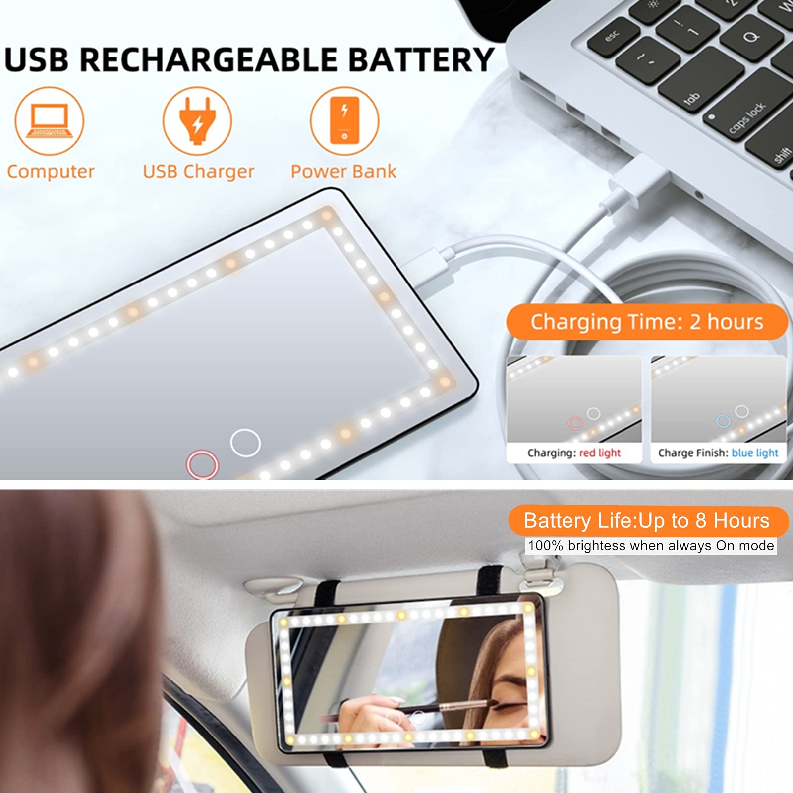 Car Sun Visor Vanity Mirror, with 3 Light Modes & 60 LEDs - Rechargeable Dimmable Clip-on Rear View Sun-Shading Cosmetic Makeup Mirror, Universal for Car SUV(Black)