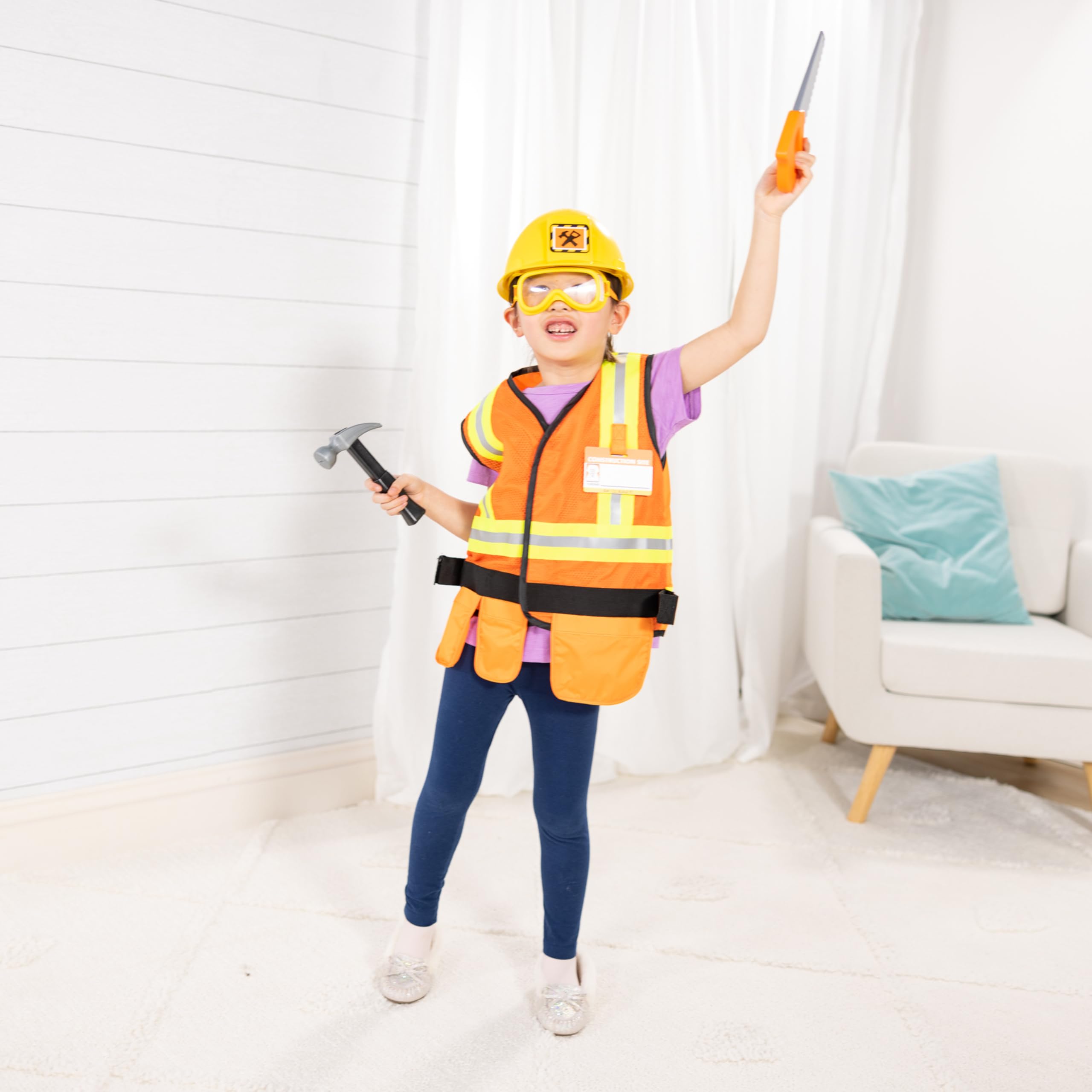 Melissa & Doug Construction Worker Costume Dress-Up Set for Kids (6-Piece) – Pretend Play Outfit with Tools & Safety Vest – Role Play Toys for Boys & Girls Ages 3+
