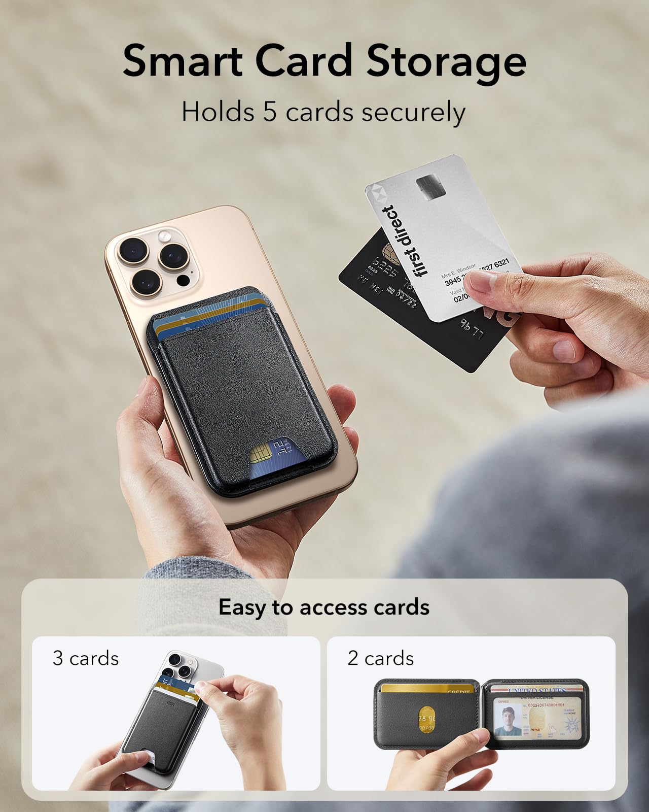 ESR Upgraded for MagSafe Wallet, 5 Card Holder, RFID Blocking, Magnetic Wallet for iPhone with Adjustable Stand, Slim for iPhone 17/16/15/14/13/12 Series, Not for 13/12 Mini, Vegan Leather, Black