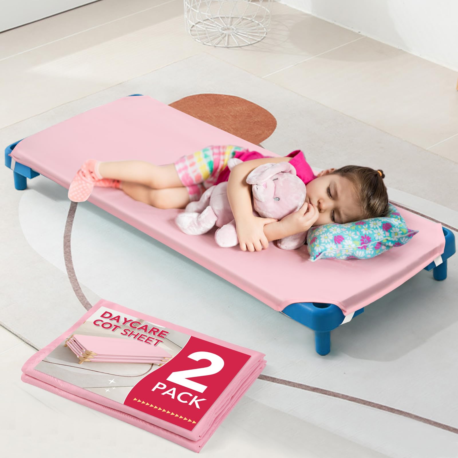 2 Stück Krippenlaken für die Kita, 58 x 130 cm, Rosa Krippenlaken mit Eckgummibändern für Jungen und Mädchen, Kita-Grundausstattung für Kleinkinder und Vorschulkinder, atmungsaktive Mikrofaser