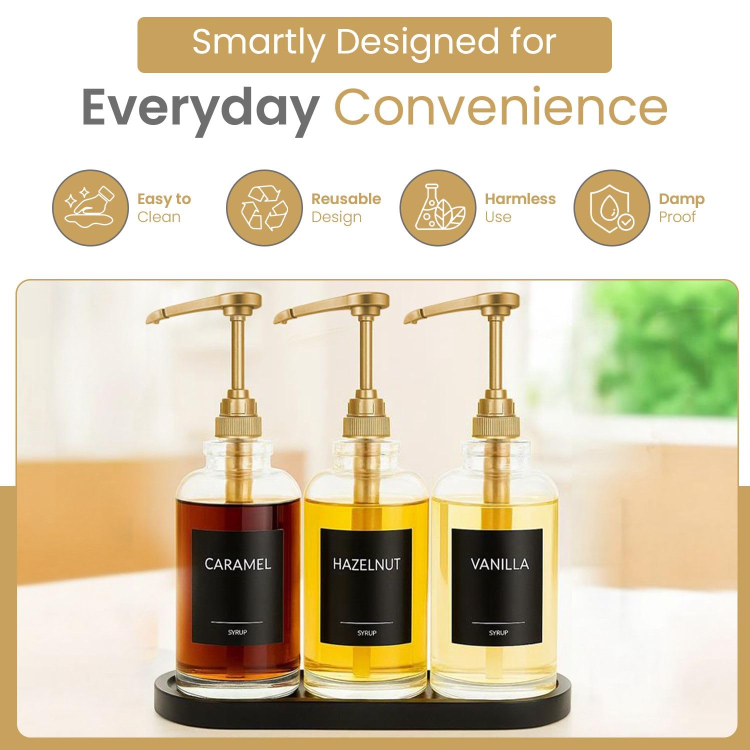 Syrup Pump for Coffee Syrup Bottles – 4-Pack Dispenser Pumps Fits 750ml / 25.4 oz Flavoring Syrup Bottles – Compatible with Torani, Monin & More – Gold Coffee Syrup Dispenser Pump for Home & Cafe Use