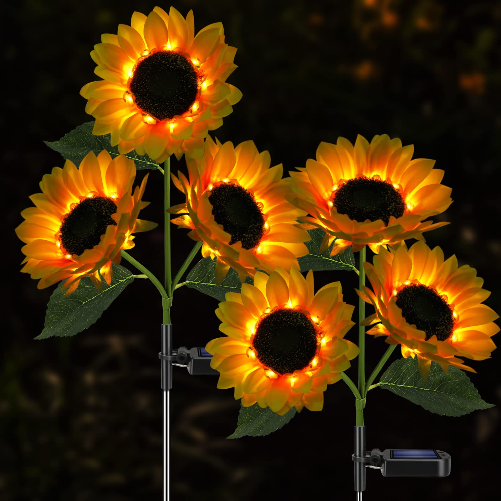 Meagoo Solar-Sonnenblumenleuchten, 800mA Solar-Gartenleuchte mit echt aussehenden Blumen, wasserdichte Solar-Erdspießleuchten für Hinterhof, Blumenbeet, Weg, Terrasse, Veranda, Frühlingsdekoration (2 Stück)