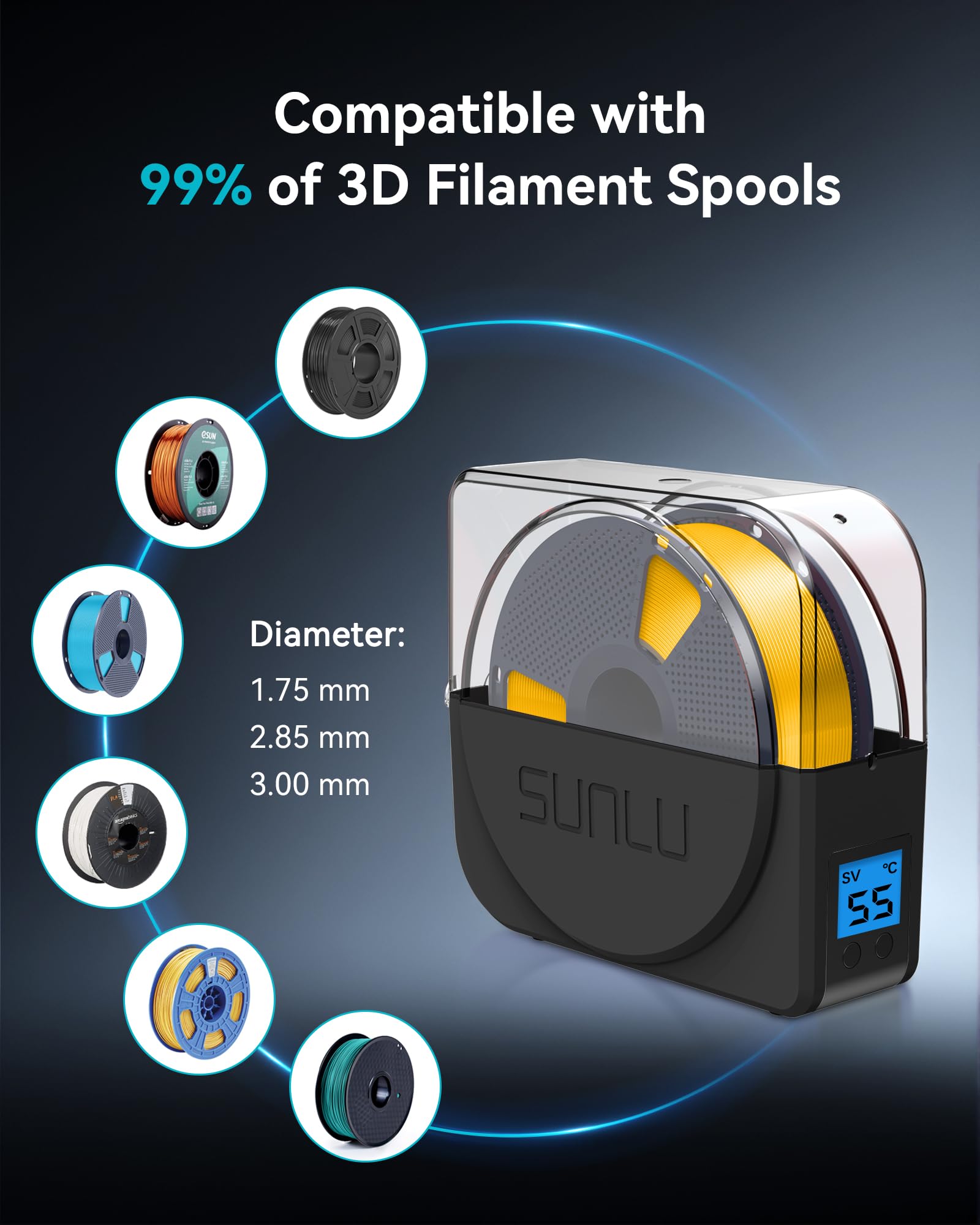 SUNLU Filament Dryer Box for 3D Printer Filament, S1 Plus Filament Dehydrator with Fan Design, Filament Storage can Keep 1.75 2.85 3.00mm PLA PETG ABS Filament Dry During 3D Printing (Black)