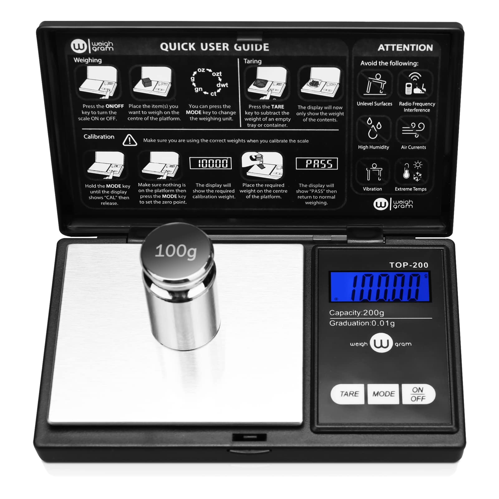 Weigh Gram 200g Digitale Taschenwaage 0,01g Genauigkeit, 200g x 0,01g Mini Digitale Grammwage, Kleine Küchenwaage, Schmuckwaage, Unzen-Getreidewaage mit 100g Kalibriergewicht