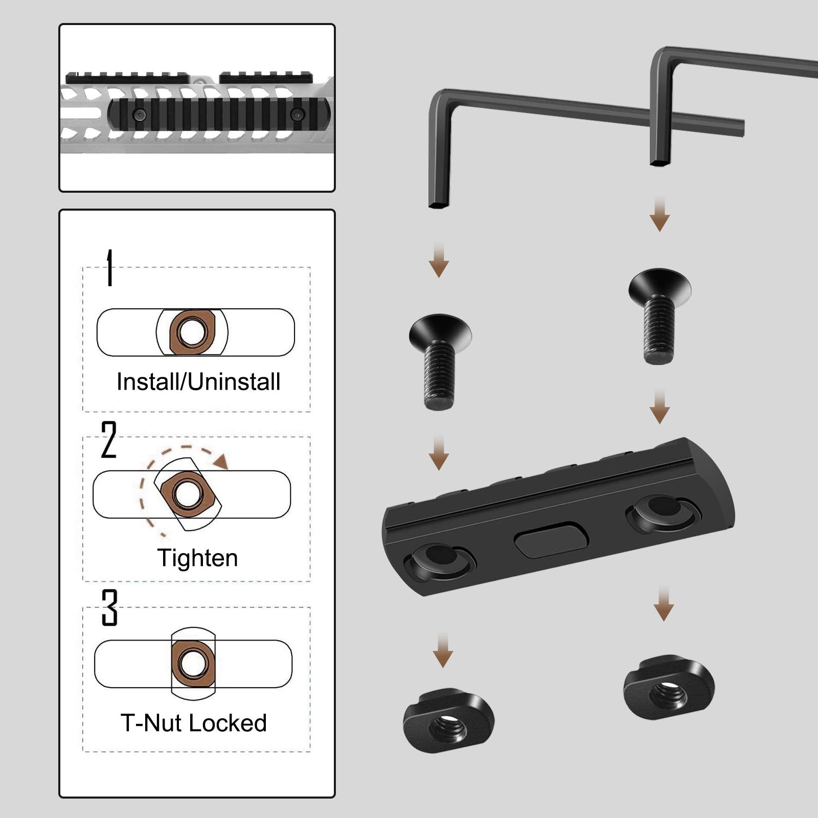 Bontok Single Picatinny Aluminum Accessory Rail Set 3 5 7 9 11 13 Slots with 13 T-Nuts & Screws, 6 Wrench-Rounded Corner