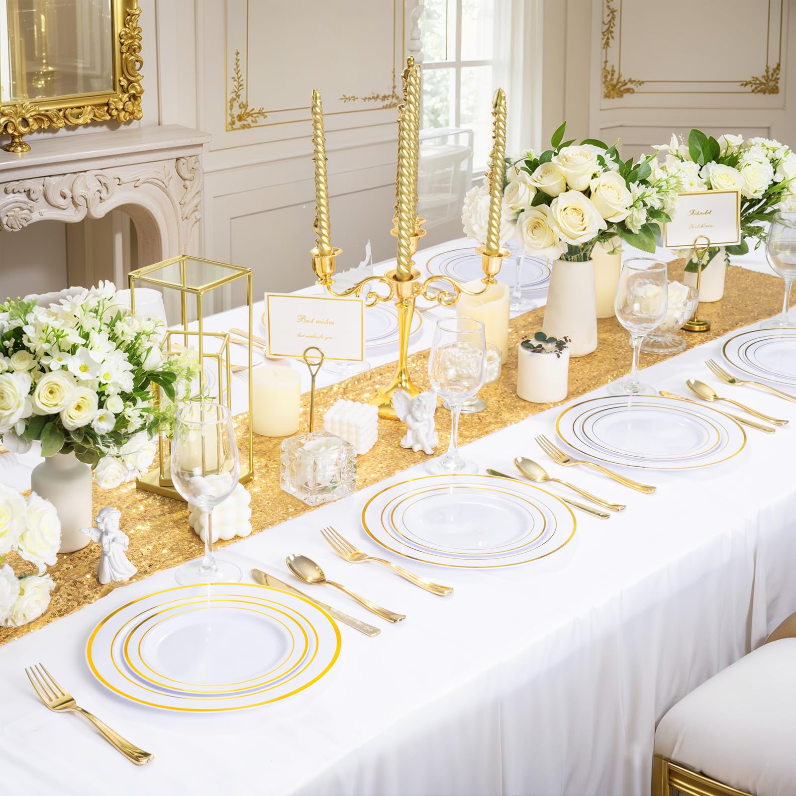 WDF300 Pieces Gold Plastic Silverware - Heavy Duty Disposable Cutlery Set Plastic Gold Silverware Set Includes 100 Forks, 100 Spoons, 100 Knives for Party