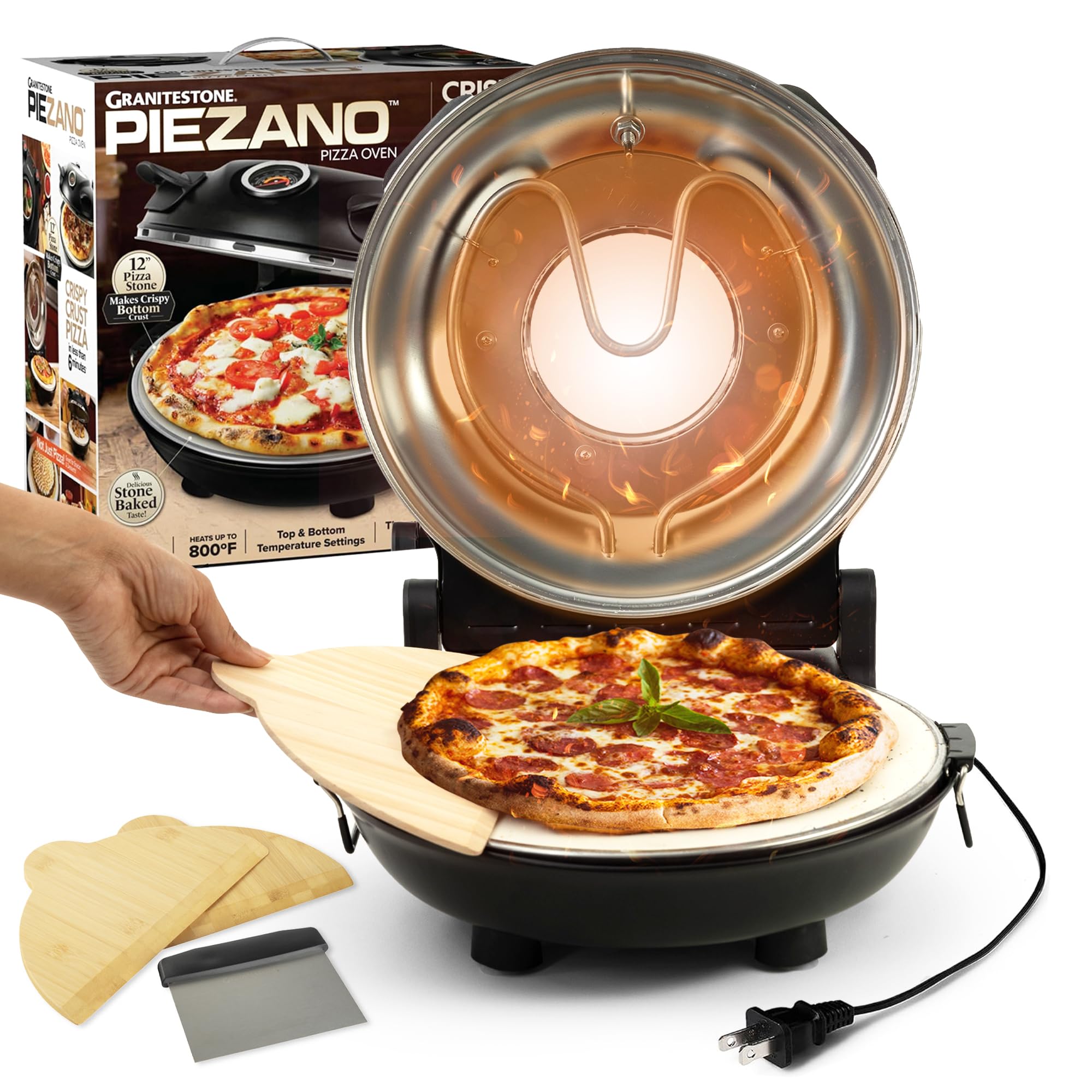PIEZANO Crispy Crust Pizza Oven by Granitestone - 12 Inch Electric Pizza Oven Indoor Countertop Maker with Ceramic Stone Heats up to 800F for Delicious Stone Baked Pizzeria Style Pizza at Home